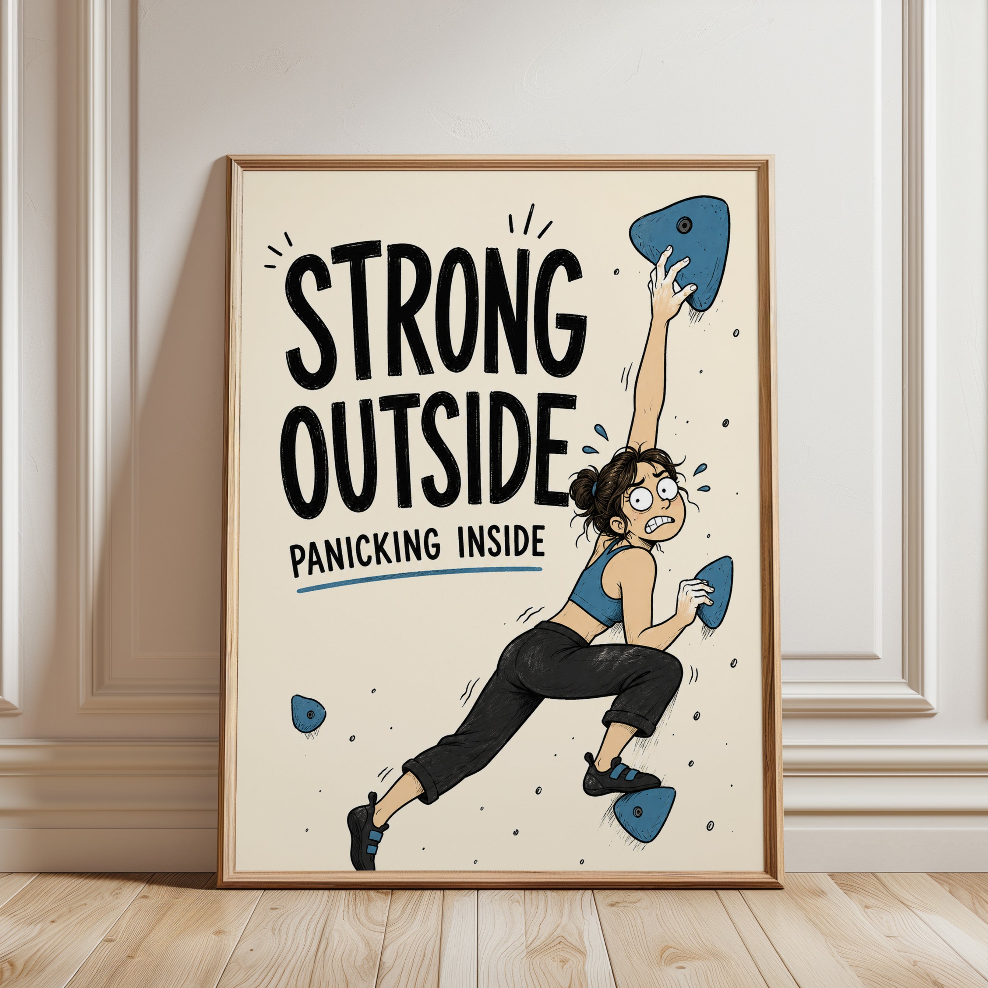 Strong Outside Panicking Inside: Rock Climbing Humor Art Print - framed detail