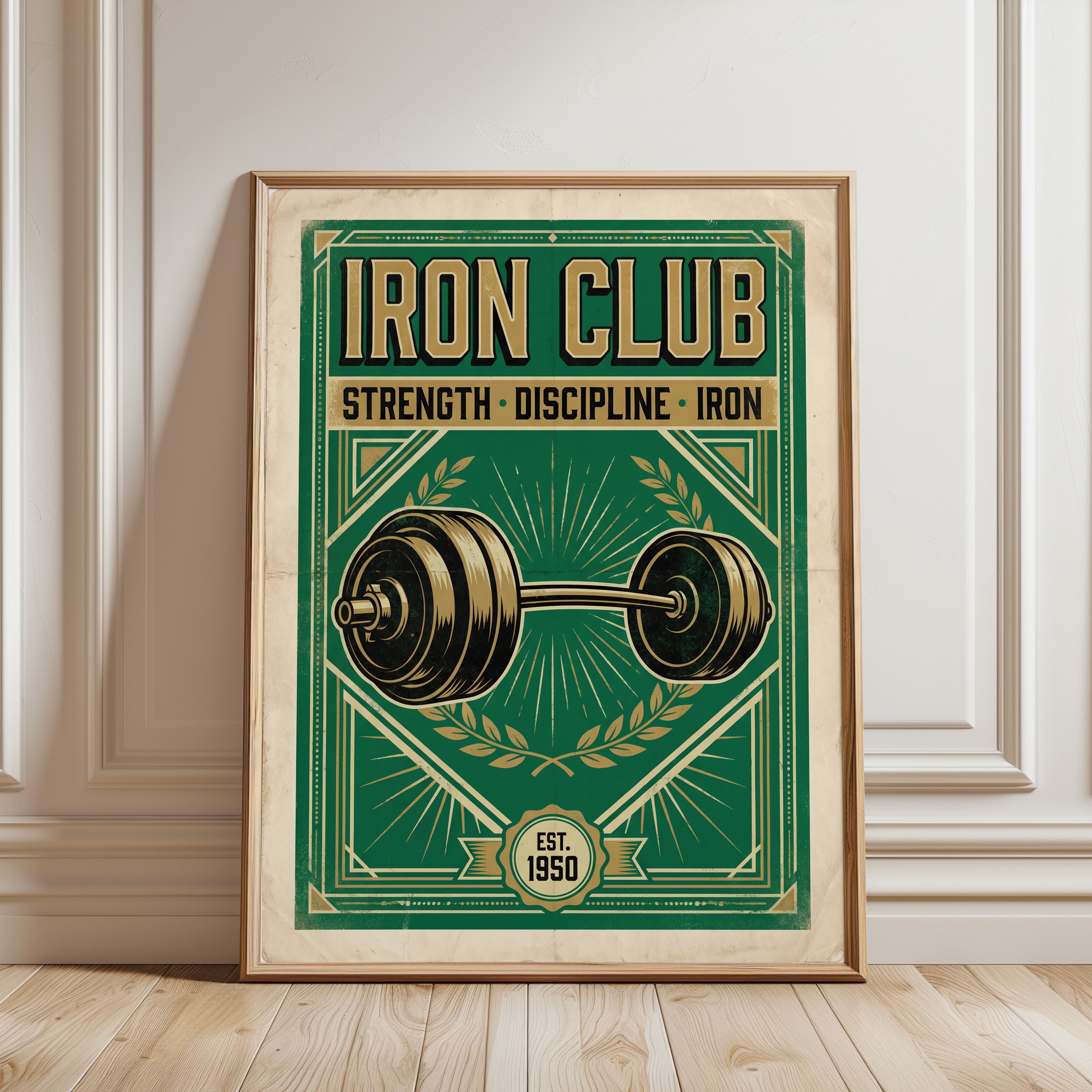 Vintage Iron Club Gym Print — Retro Weightlifting Barbell Poster - framed detail