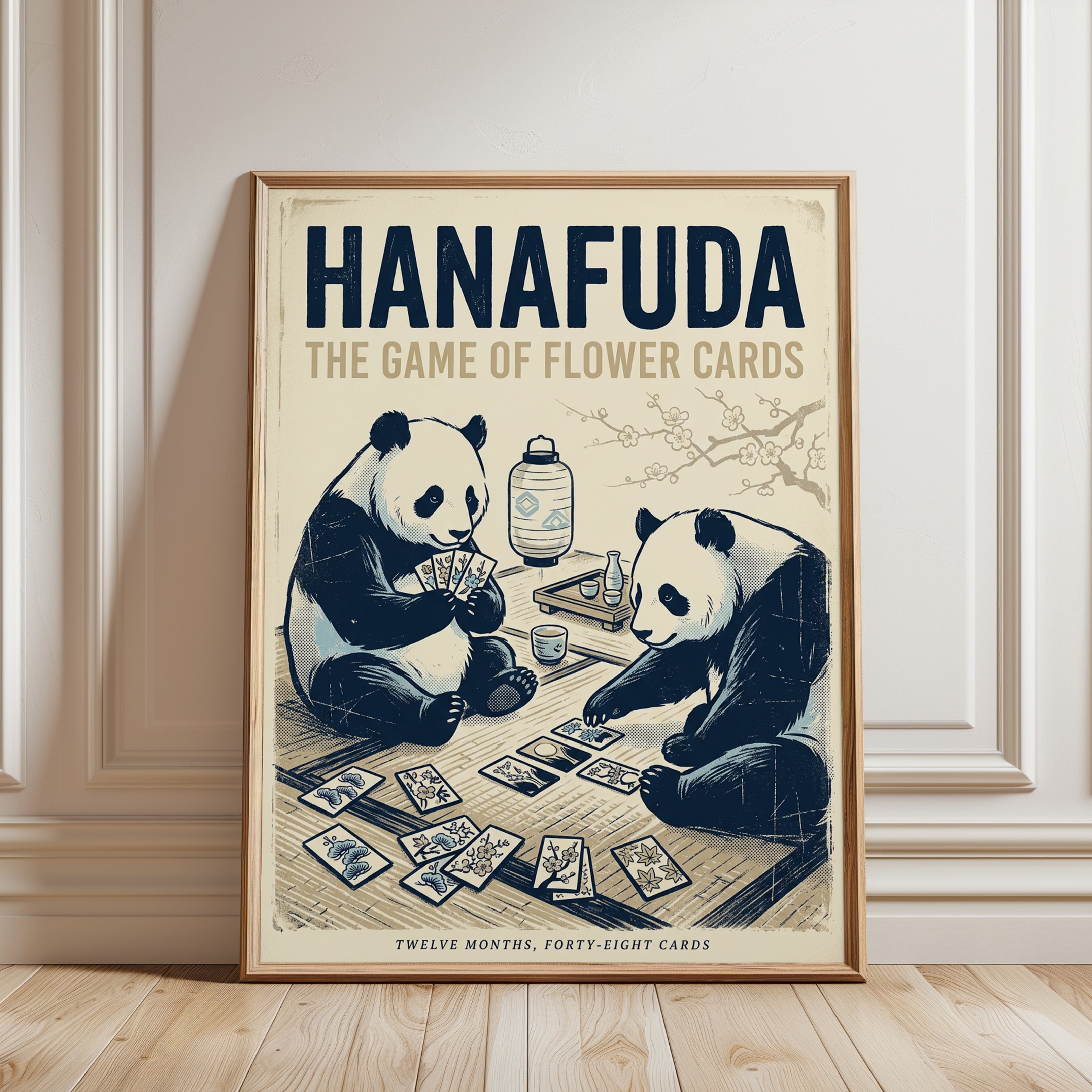 Hanafuda Pandas Art Print: Vintage Japanese Card Game Poster - framed detail