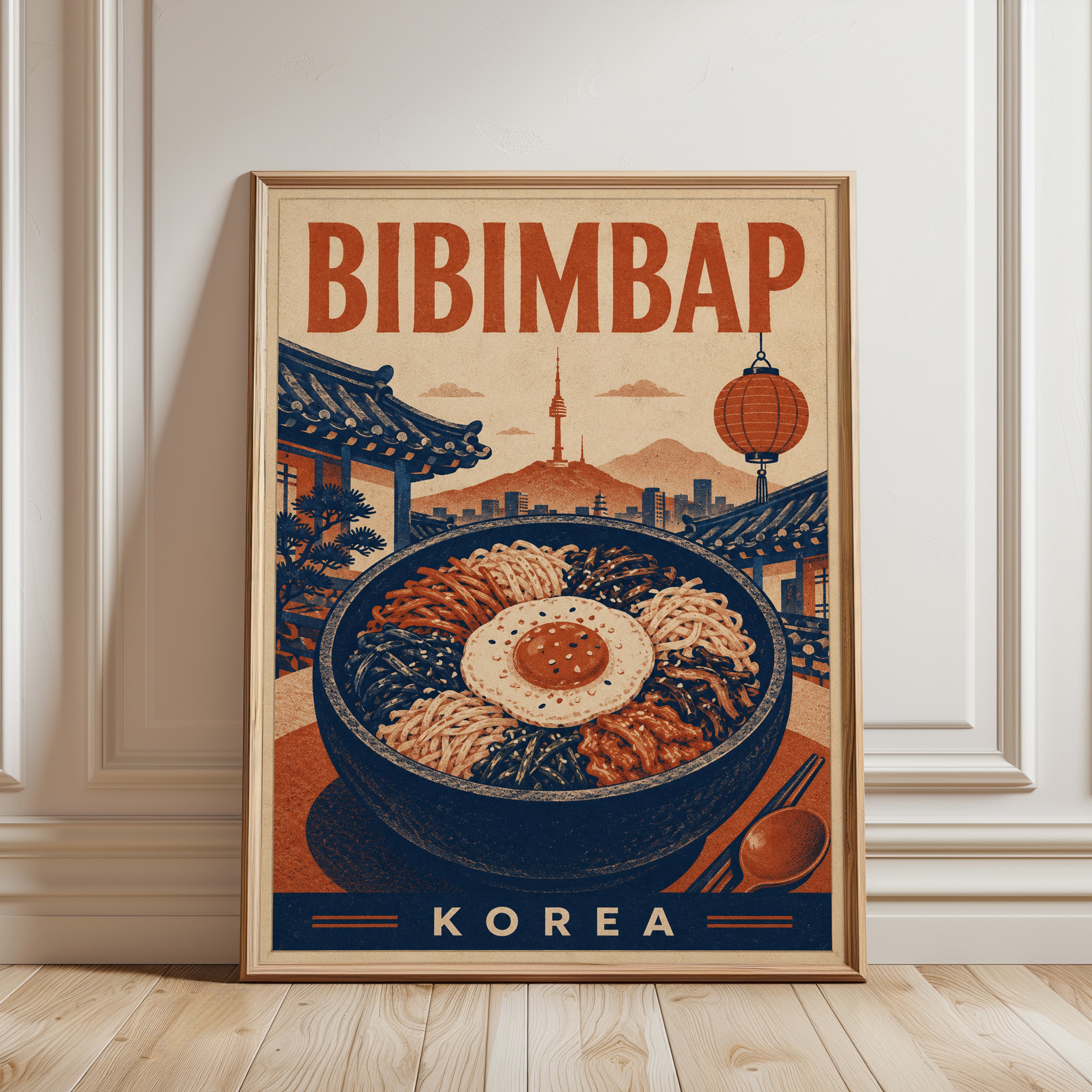 Korean Food Wall Art: Bibimbap Vintage Travel Poster - framed detail