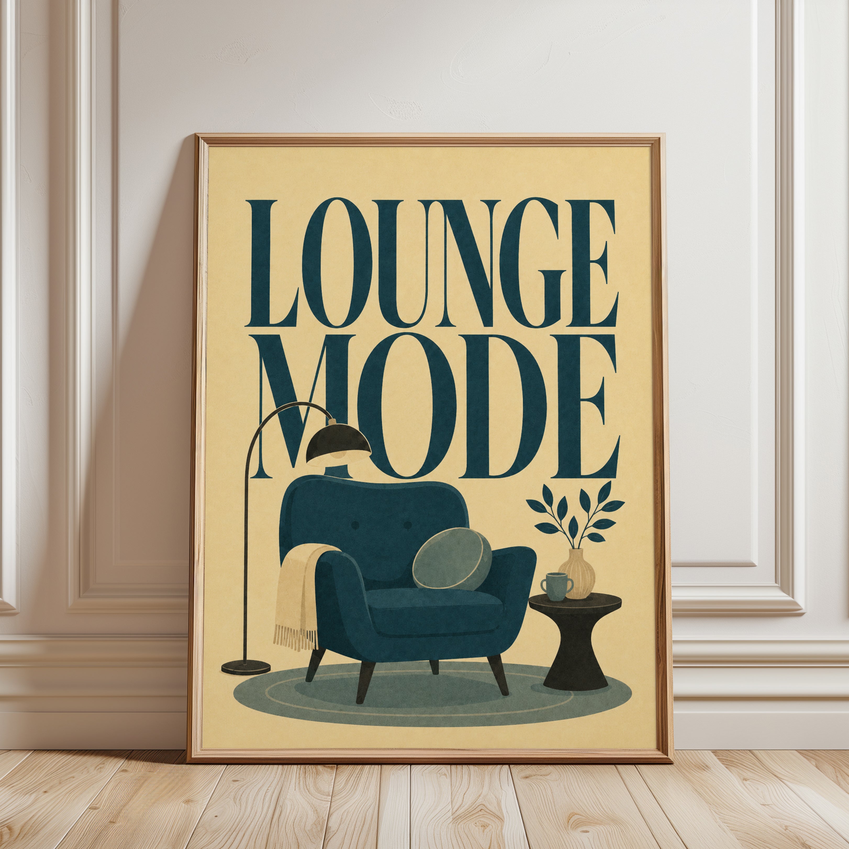 Lounge Mode Retro Wall Art: Mid-Century Teal Armchair Design - framed detail