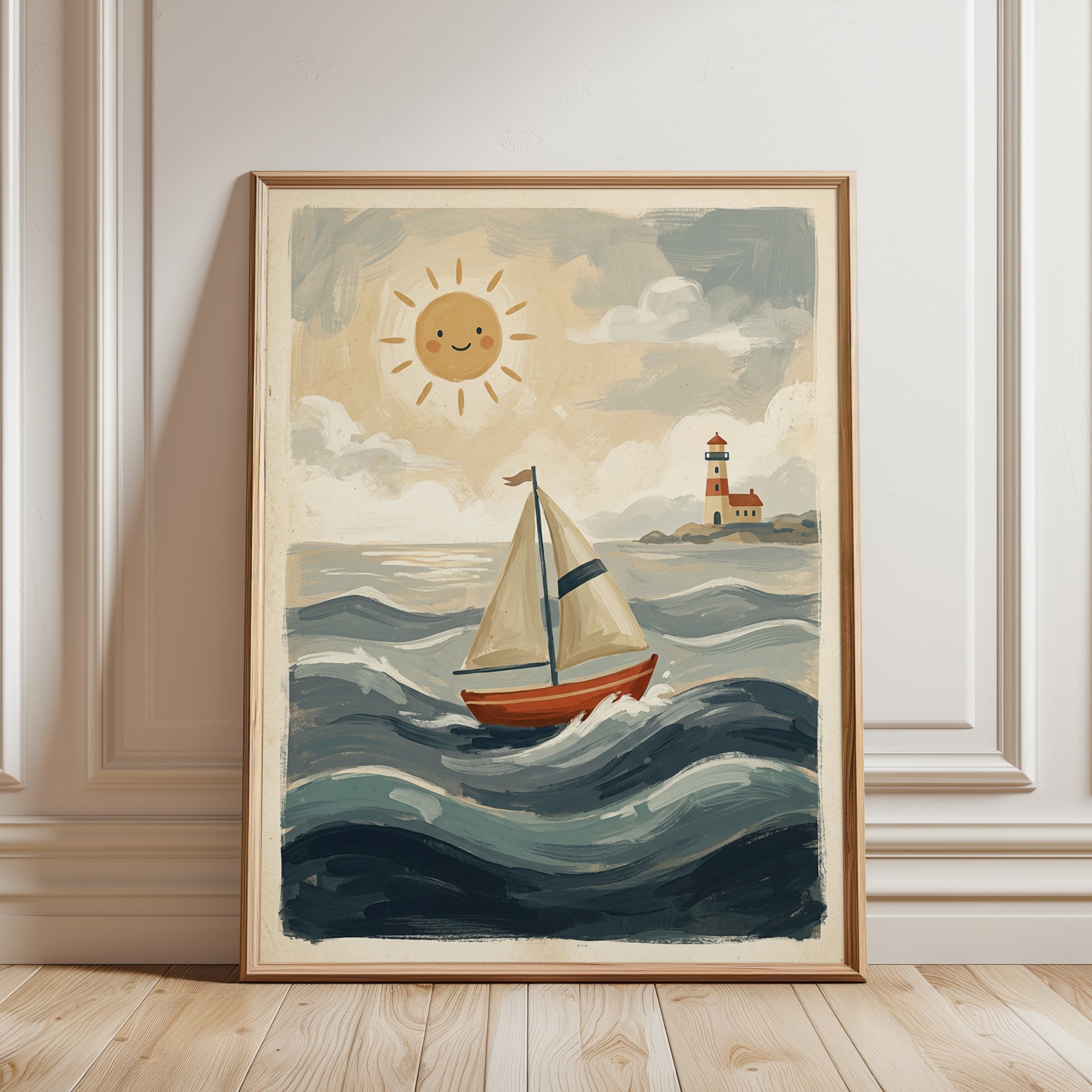 Whimsical Sailboat and Lighthouse Art Print: Coastal Nursery Scene - framed detail