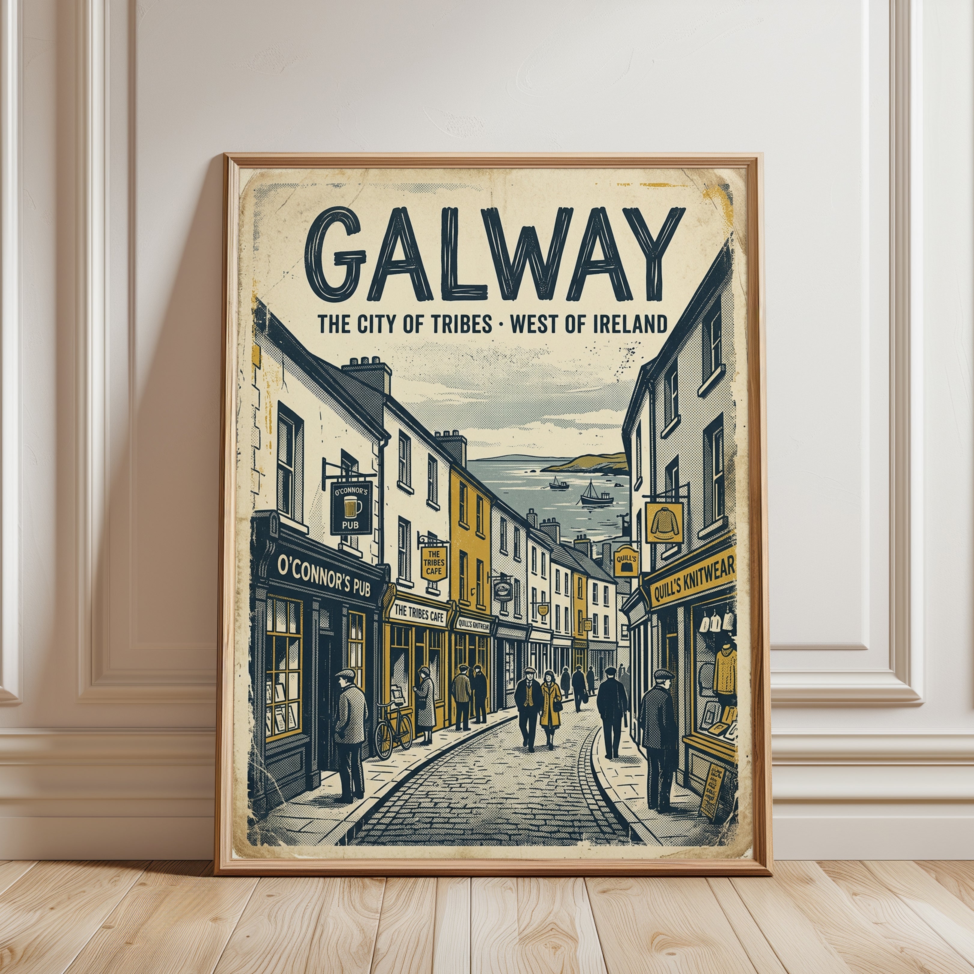 Galway Ireland Street Scene Print: Vintage Travel Poster Art - framed detail