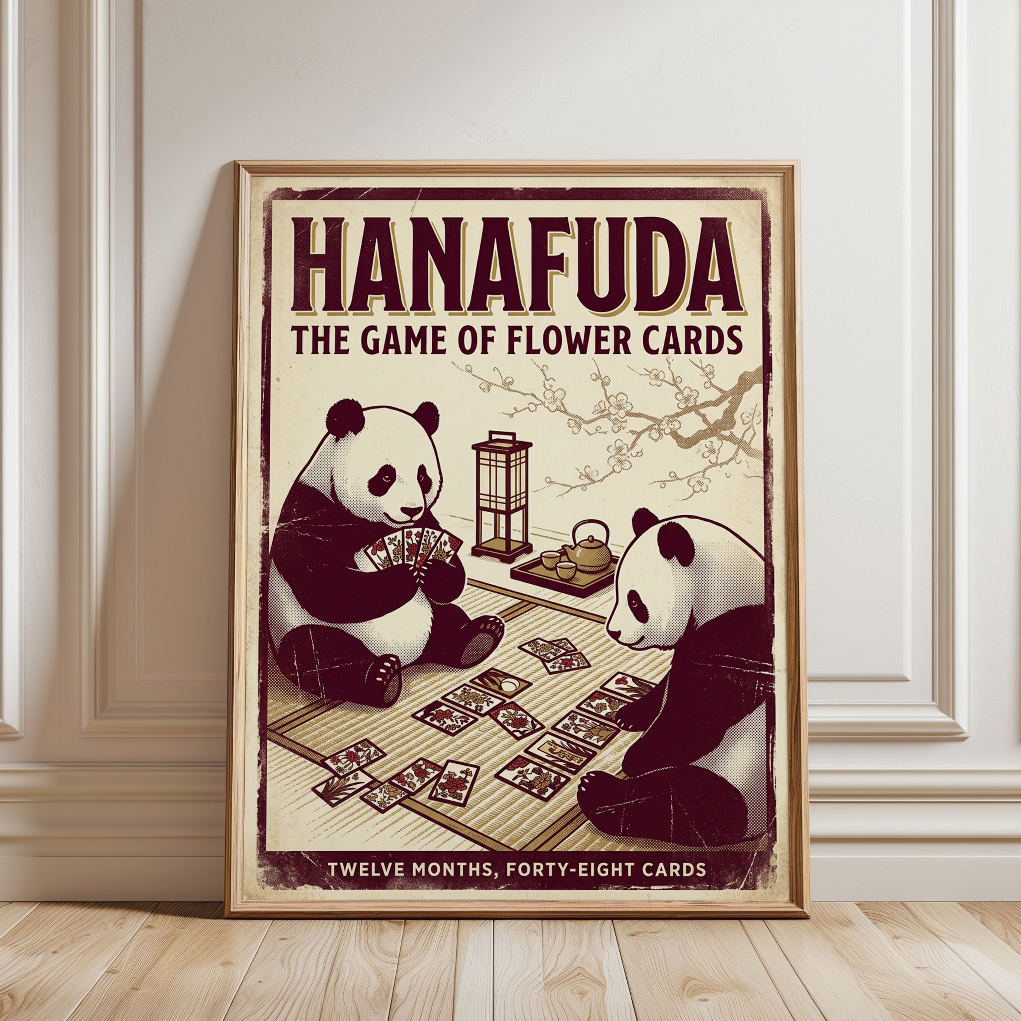 Hanafuda Card Game Poster – Vintage Pandas - framed detail