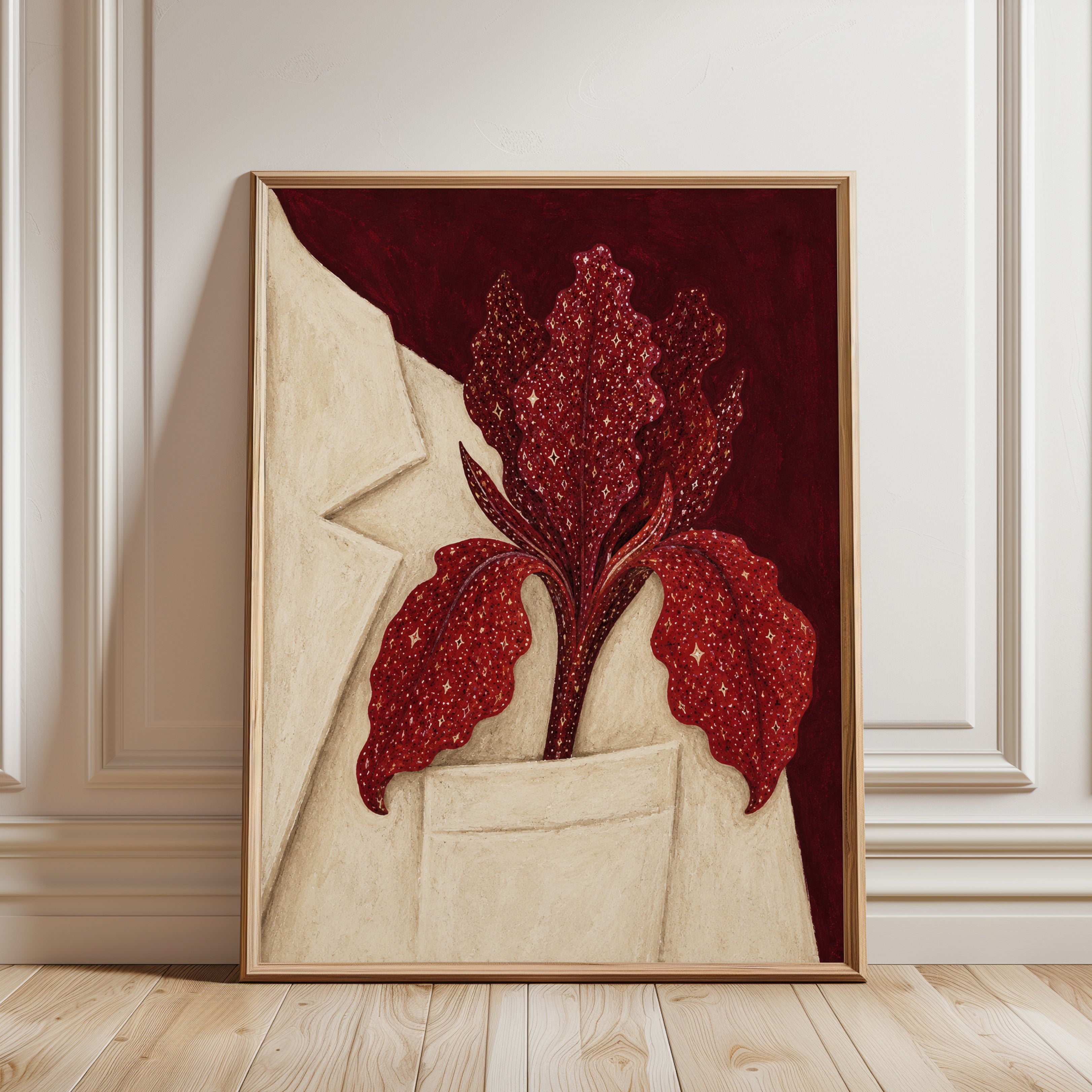 Iris Wall Art – Red Floral Print - framed detail