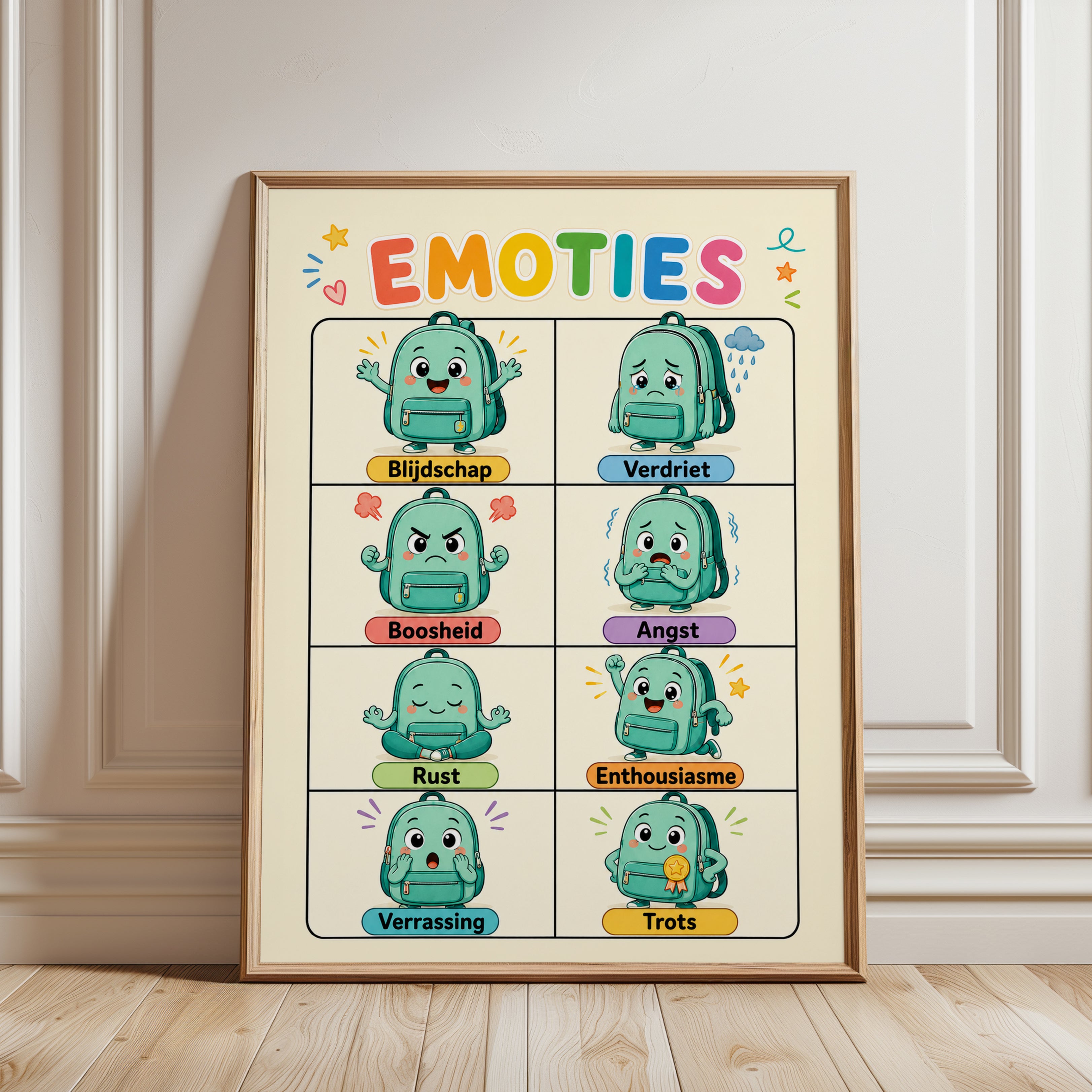 Educational Emotions Poster: Playful Kids Wall Art - framed detail