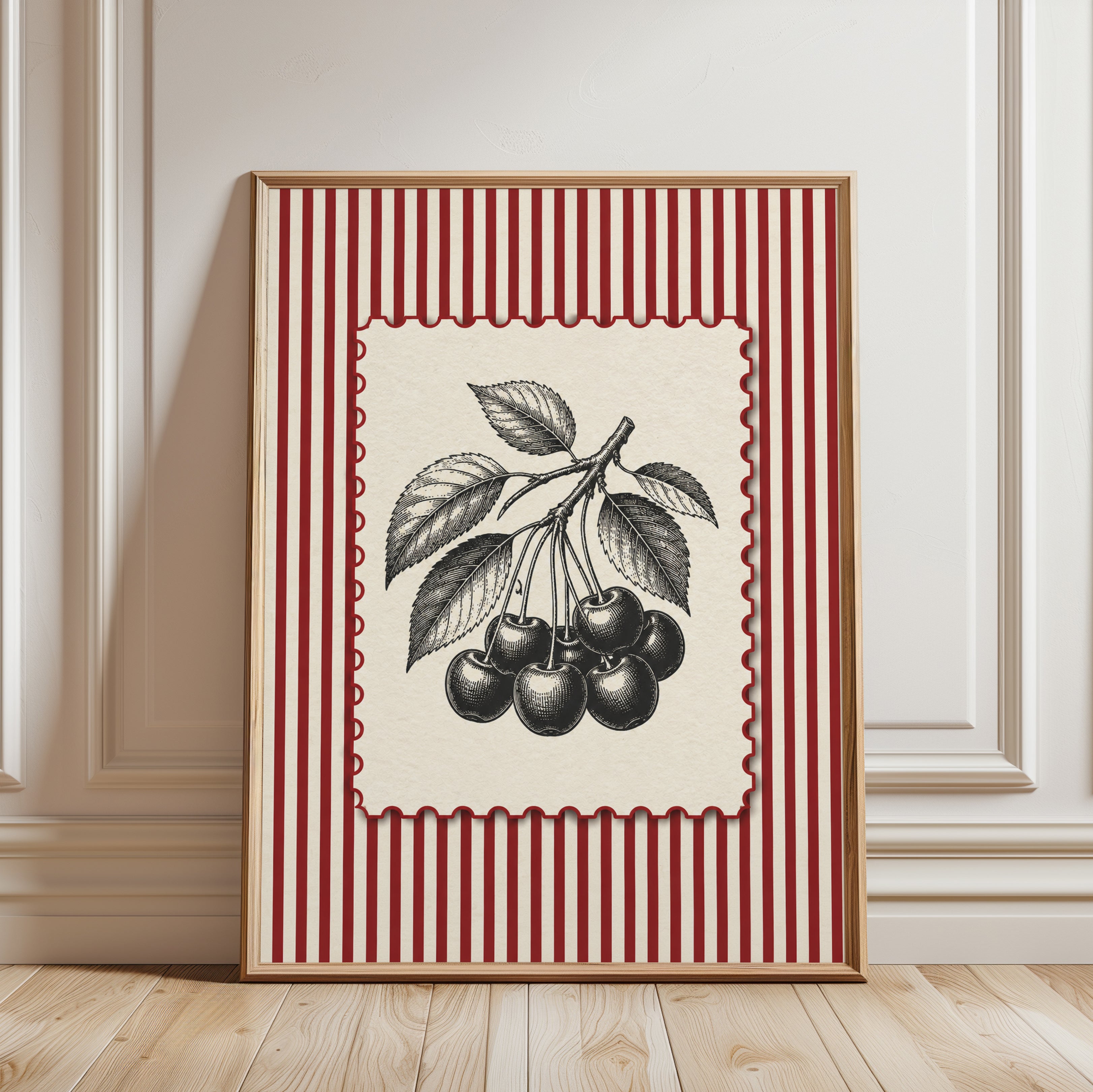 Vintage Cherry Print – Botanical Kitchen Art - framed detail