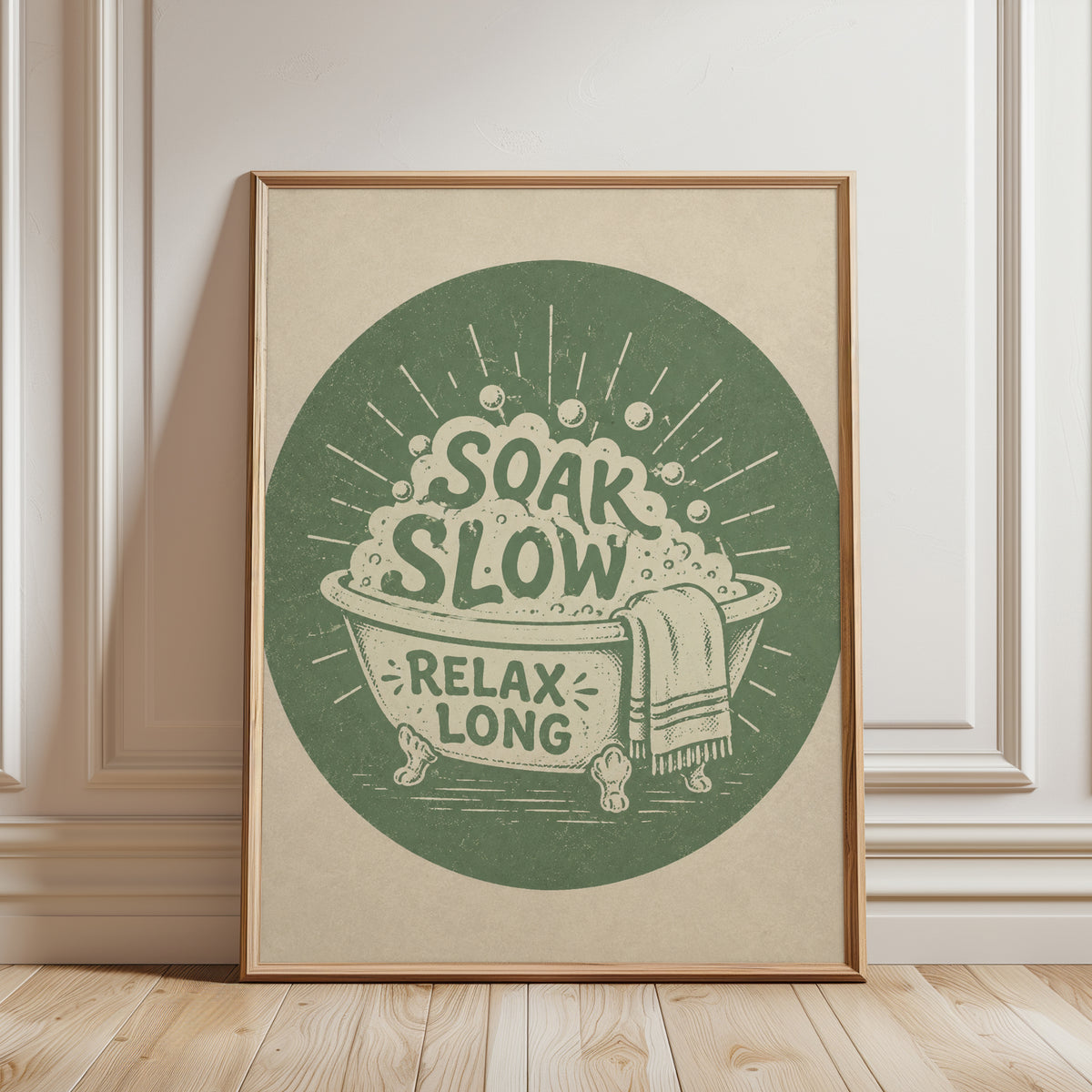 Vintage Bathtub Typography Print: Retro Green Bathroom Art - framed detail