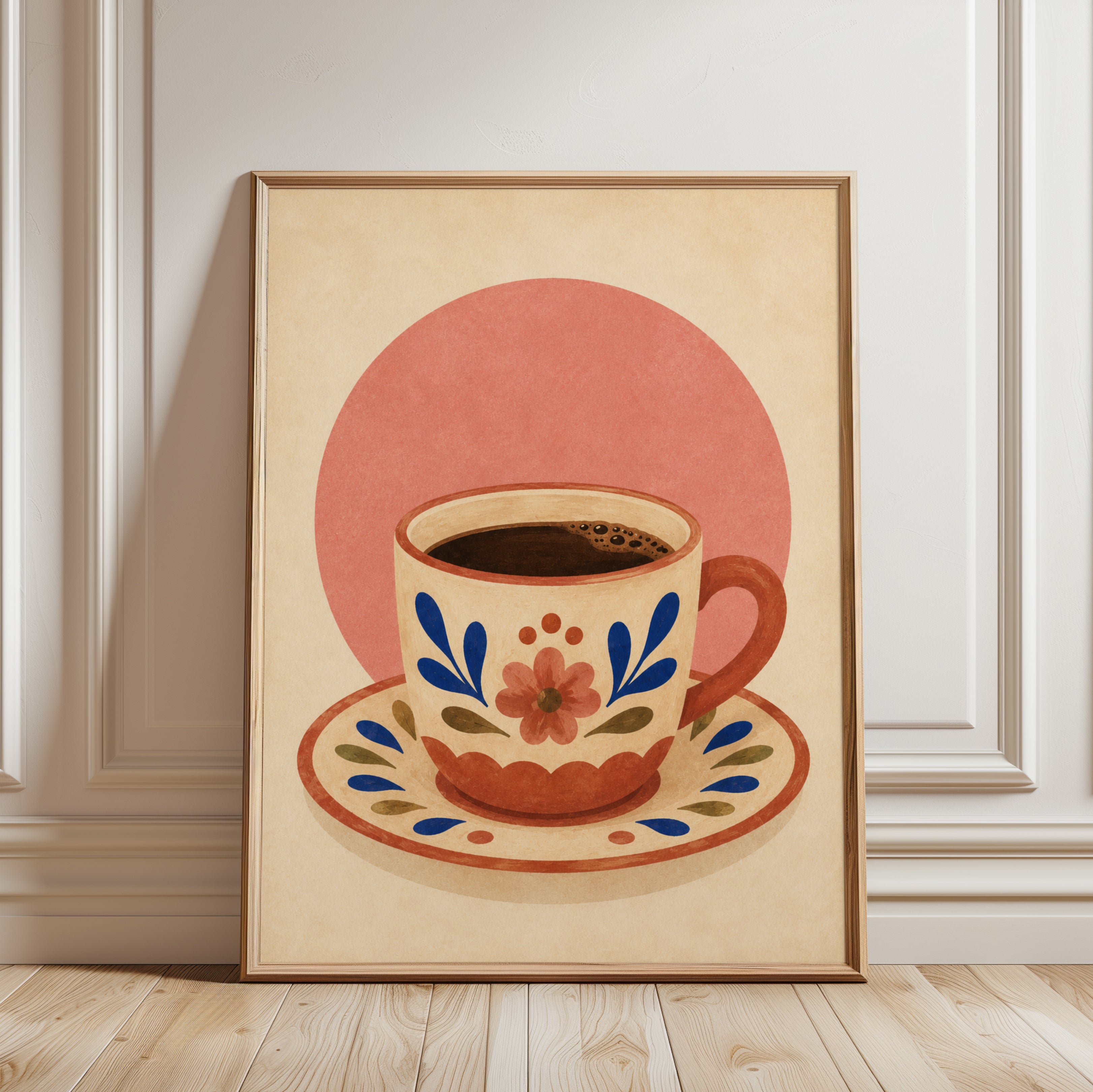 Coffee Cup Wall Art – Folk Art Kitchen Print - framed detail