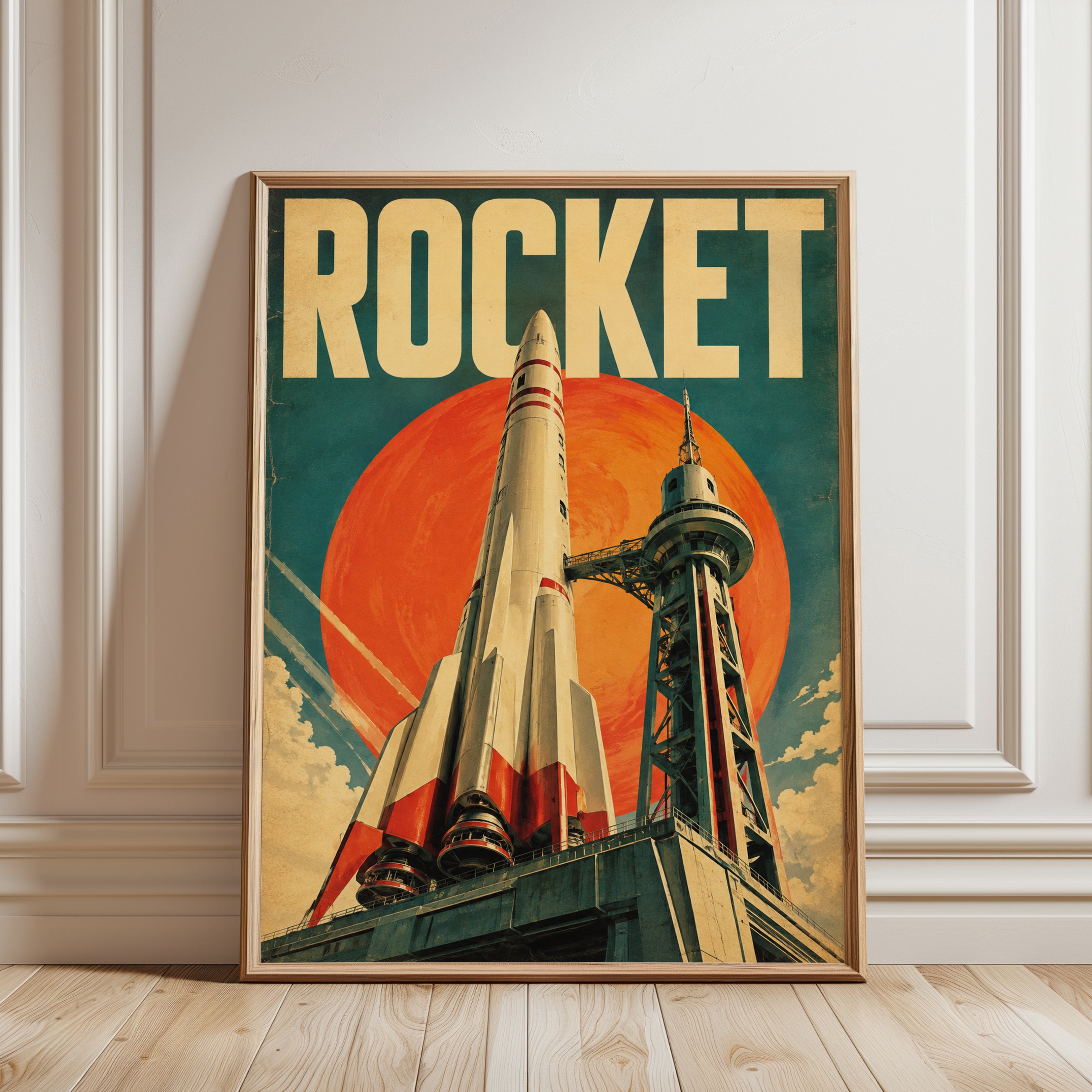 Vintage Rocket Poster – Retro Space Wall Art - framed detail