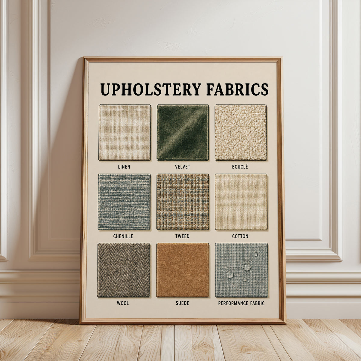 Upholstery Fabrics Chart Print: Vintage Educational Textile Guide - framed detail