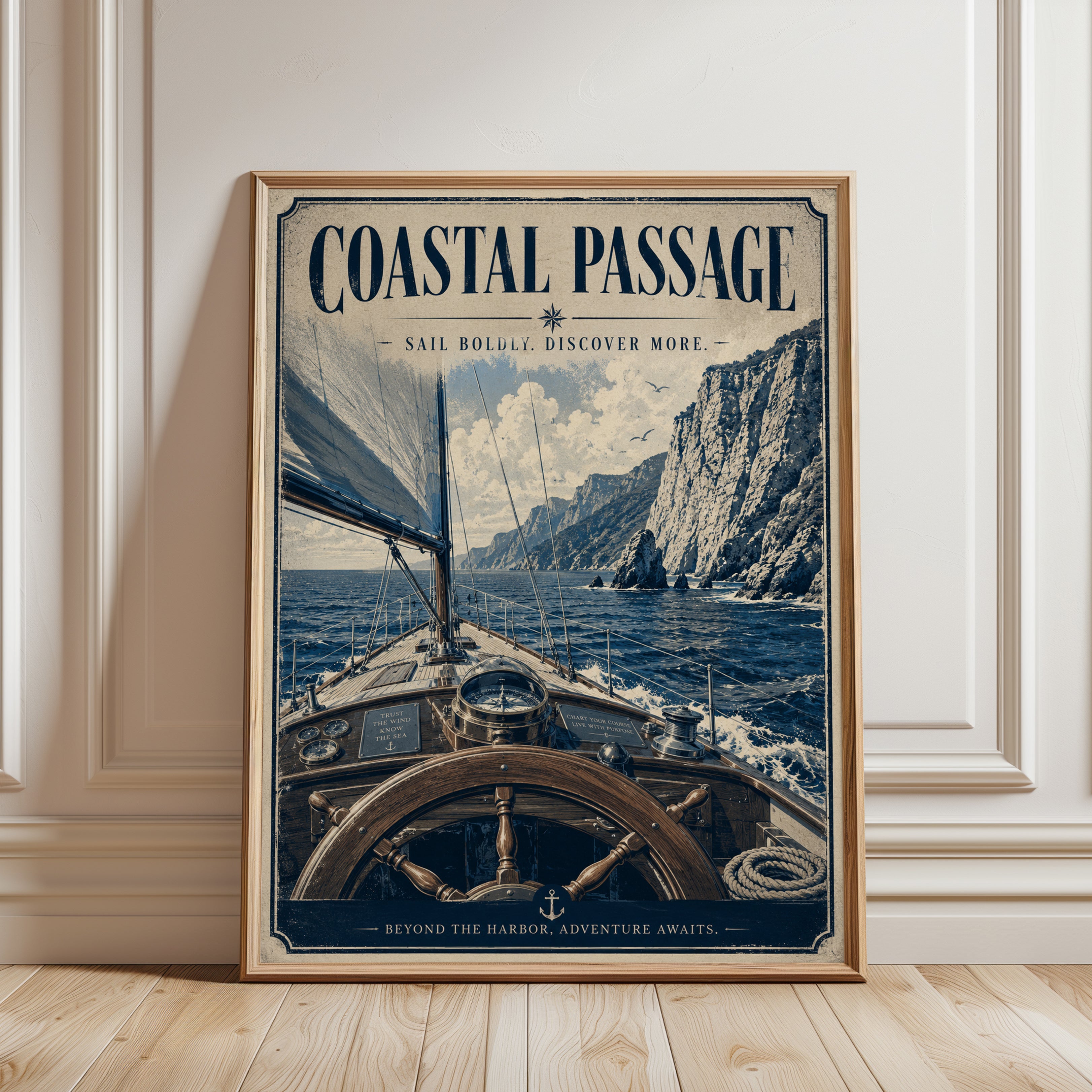 Coastal Sailing Adventure Poster: Vintage Nautical Travel Art - framed detail