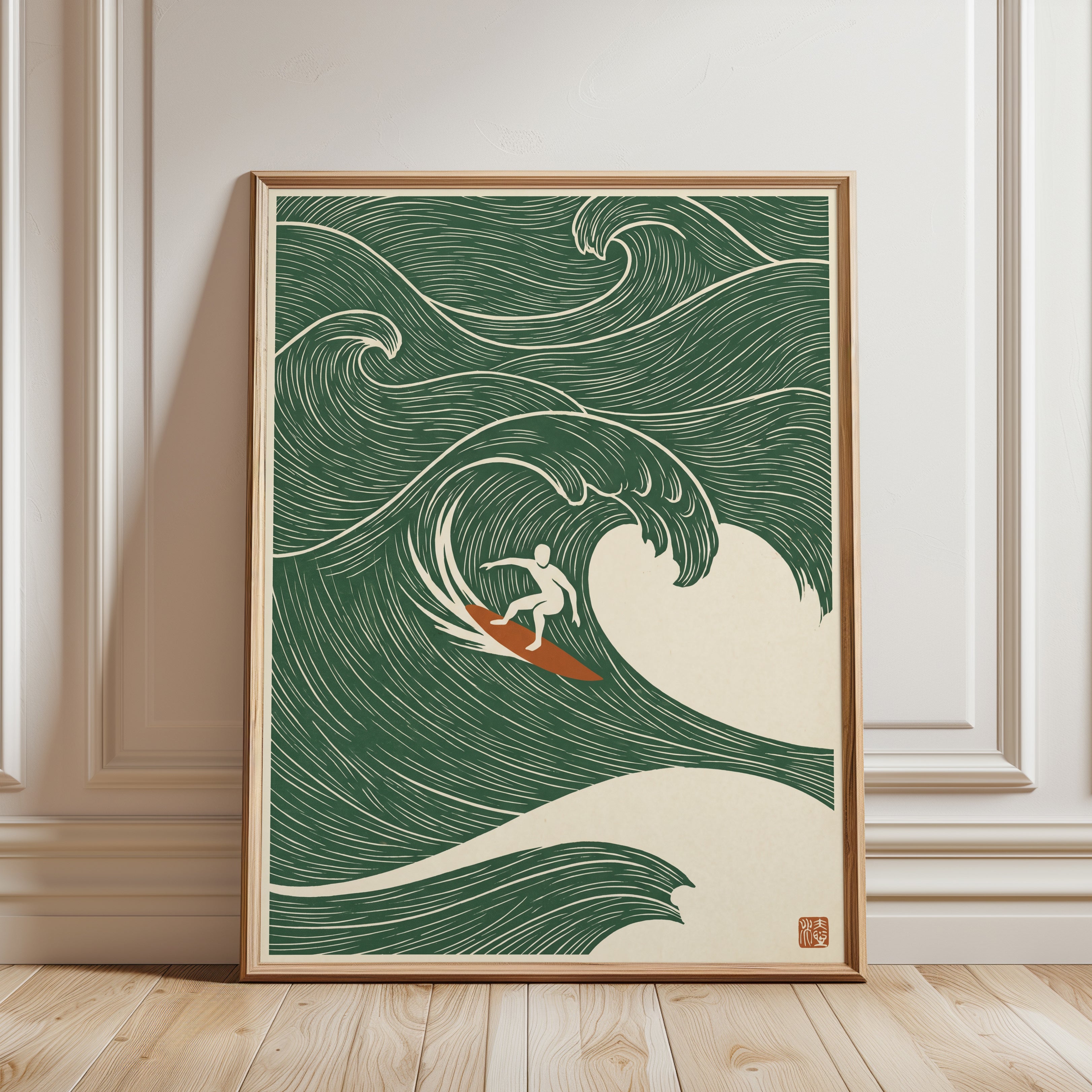 Japanese Wave Surfer Print: Minimalist Green Ocean Art - framed detail