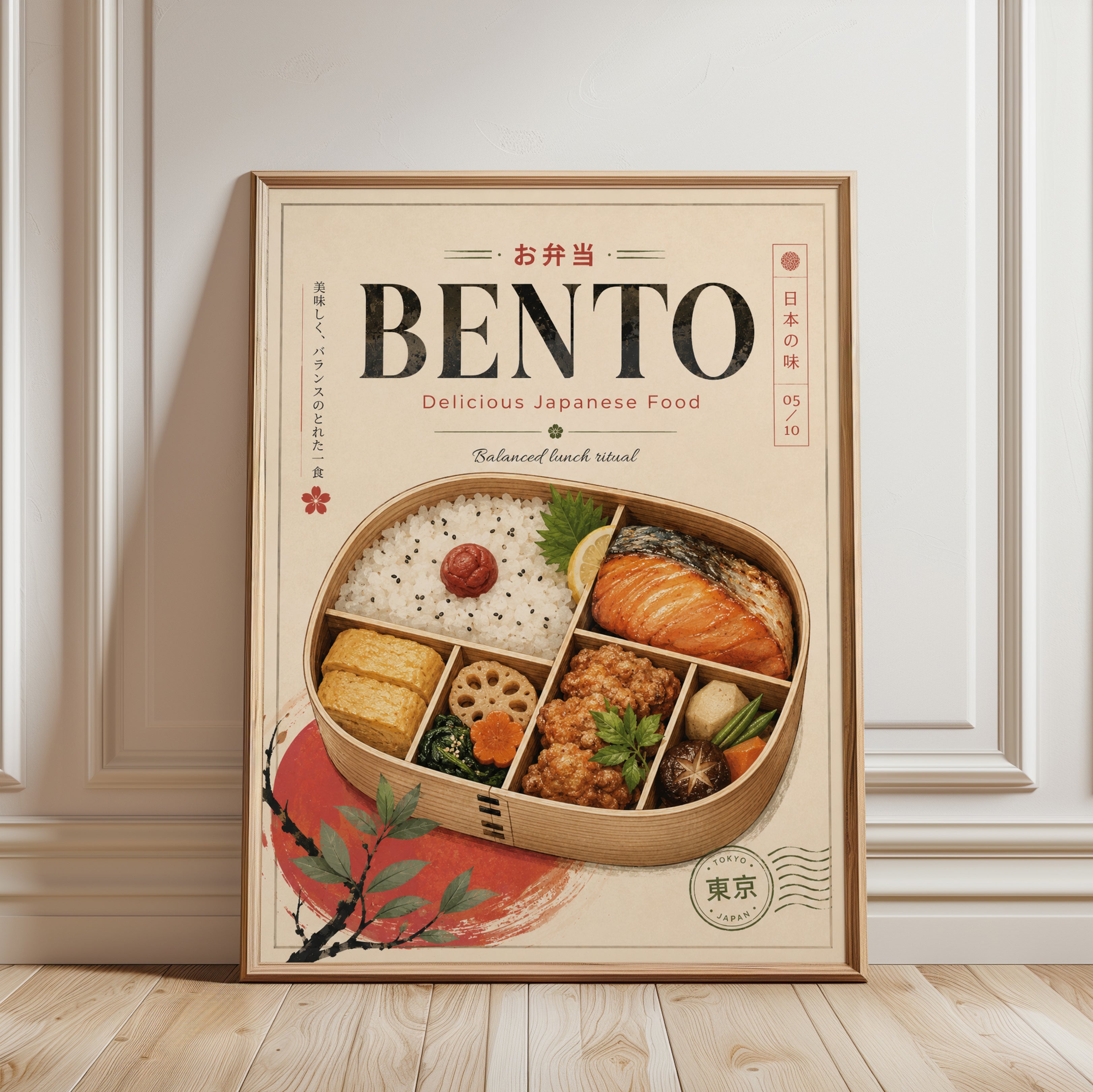 Vintage Japanese Bento Box Print: Retro Food Illustration - framed detail