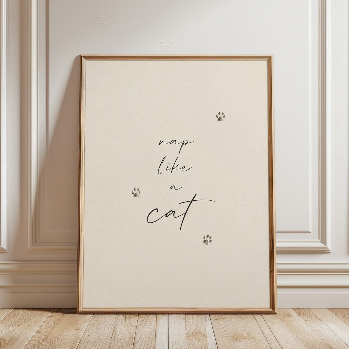 Nap Like a Cat Print: Handwritten Script with Paw Prints - framed detail