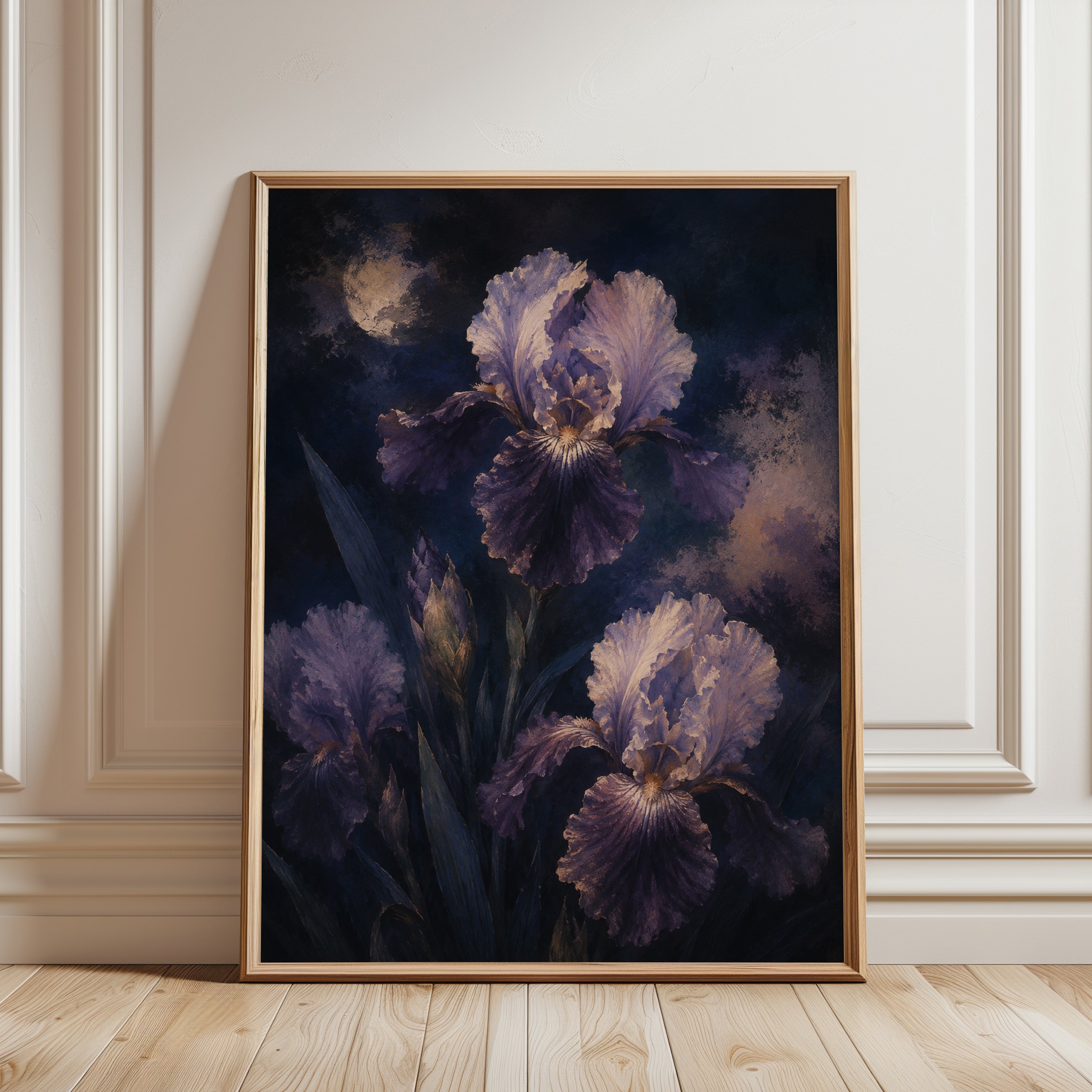 Purple Iris Wall Art – Dark Floral Print - framed detail