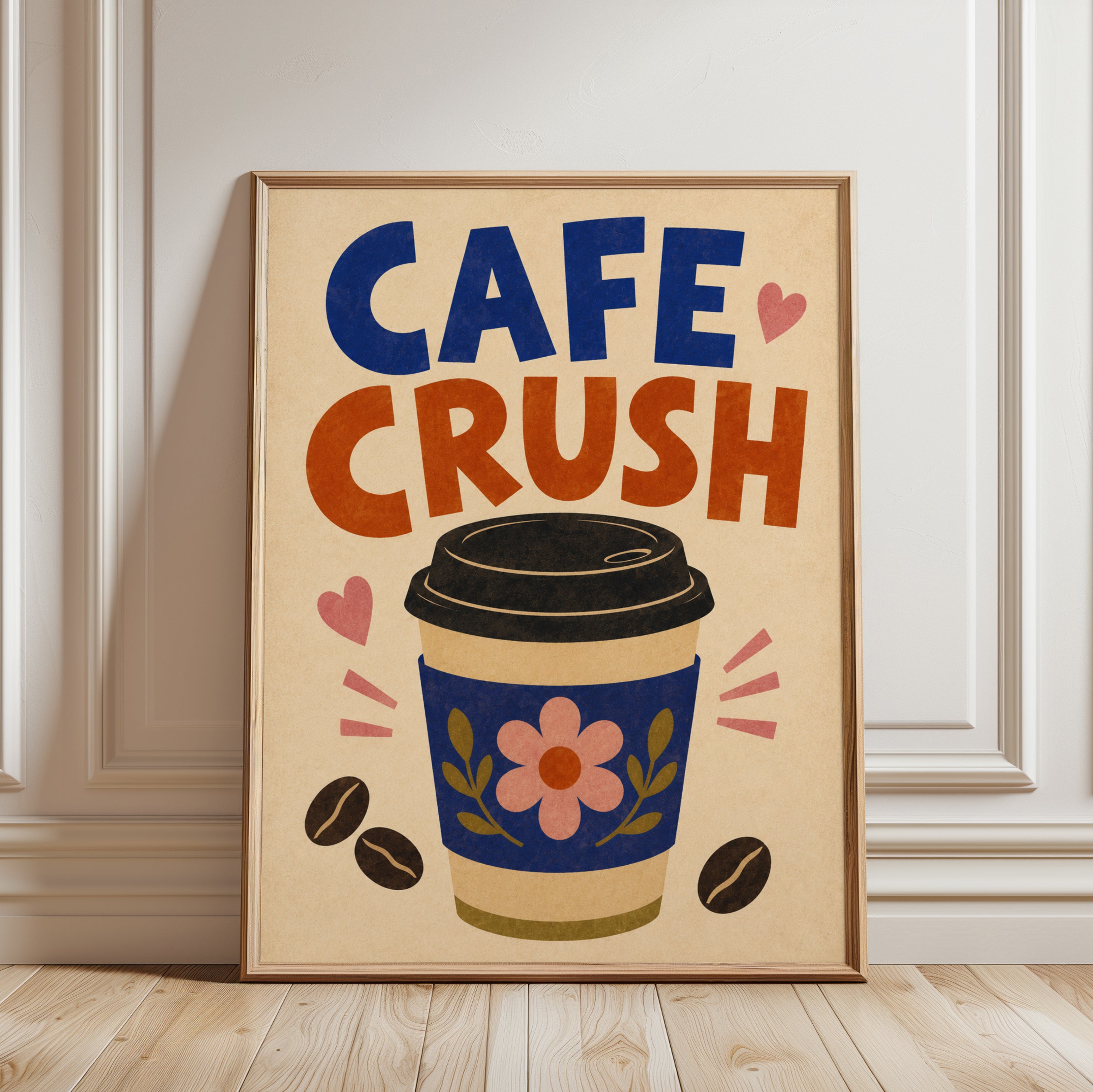 Cafe Crush Coffee Cup Print: Retro Typography Wall Art - framed detail