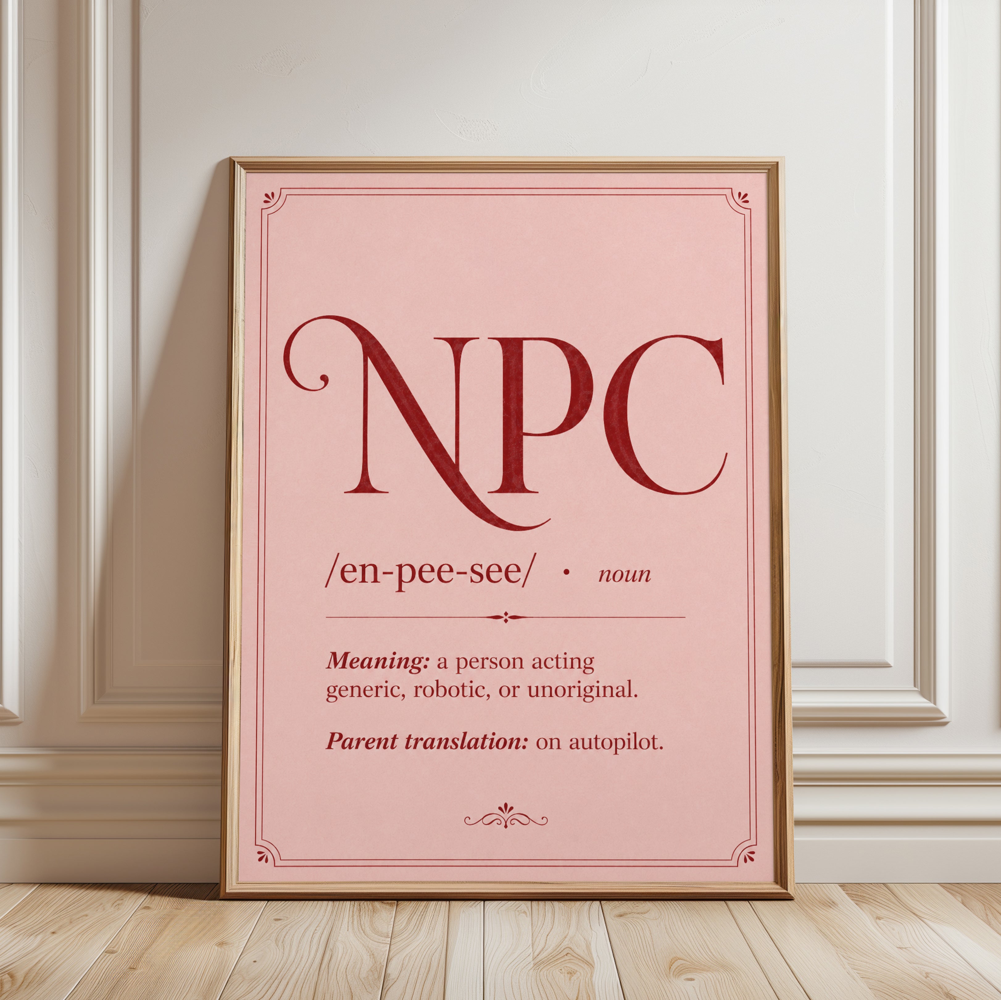 NPC Definition Typography Print: Pink Dictionary Art Poster - framed detail