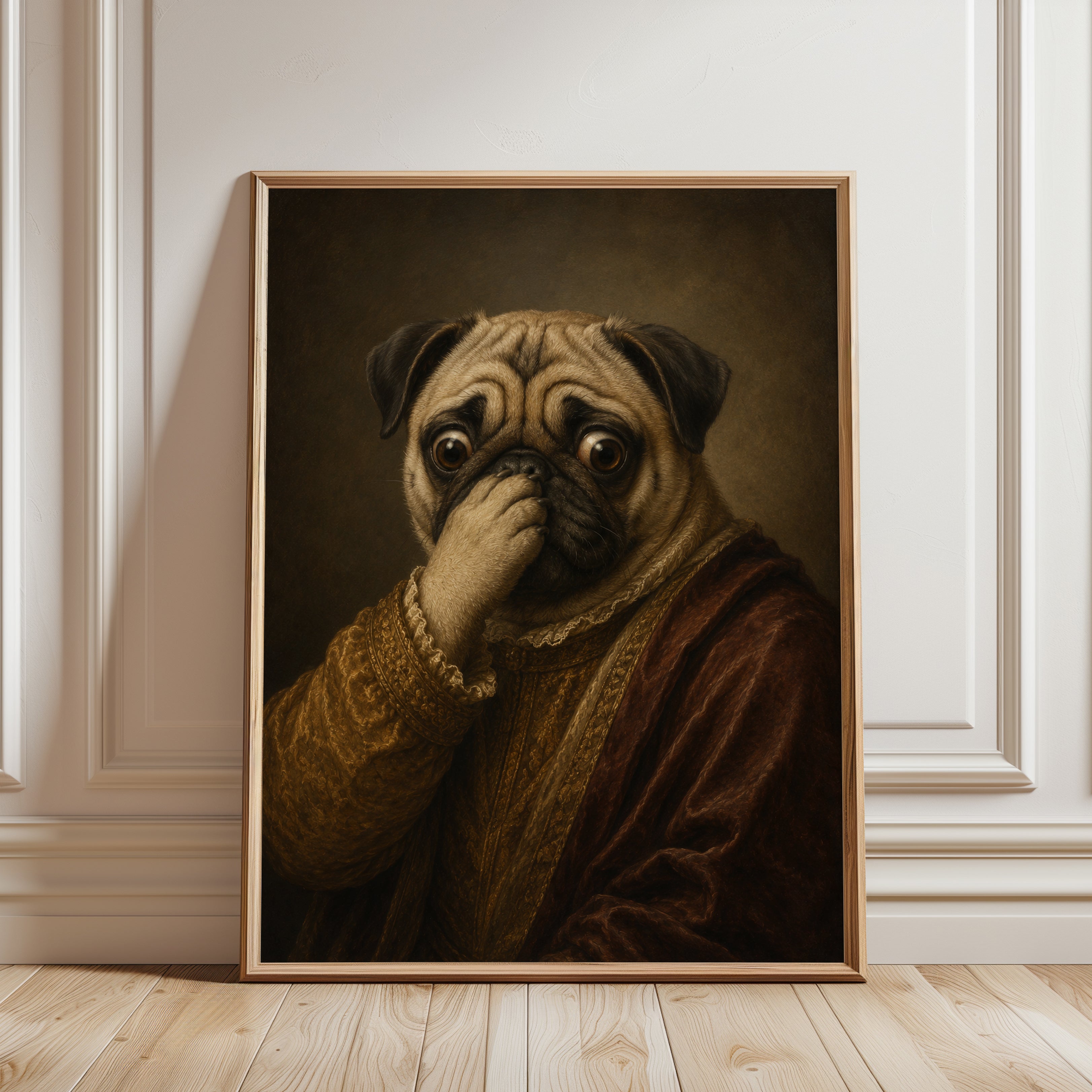 Funny Bathroom Poster Pug Portrait Print: Renaissance Style - framed detail