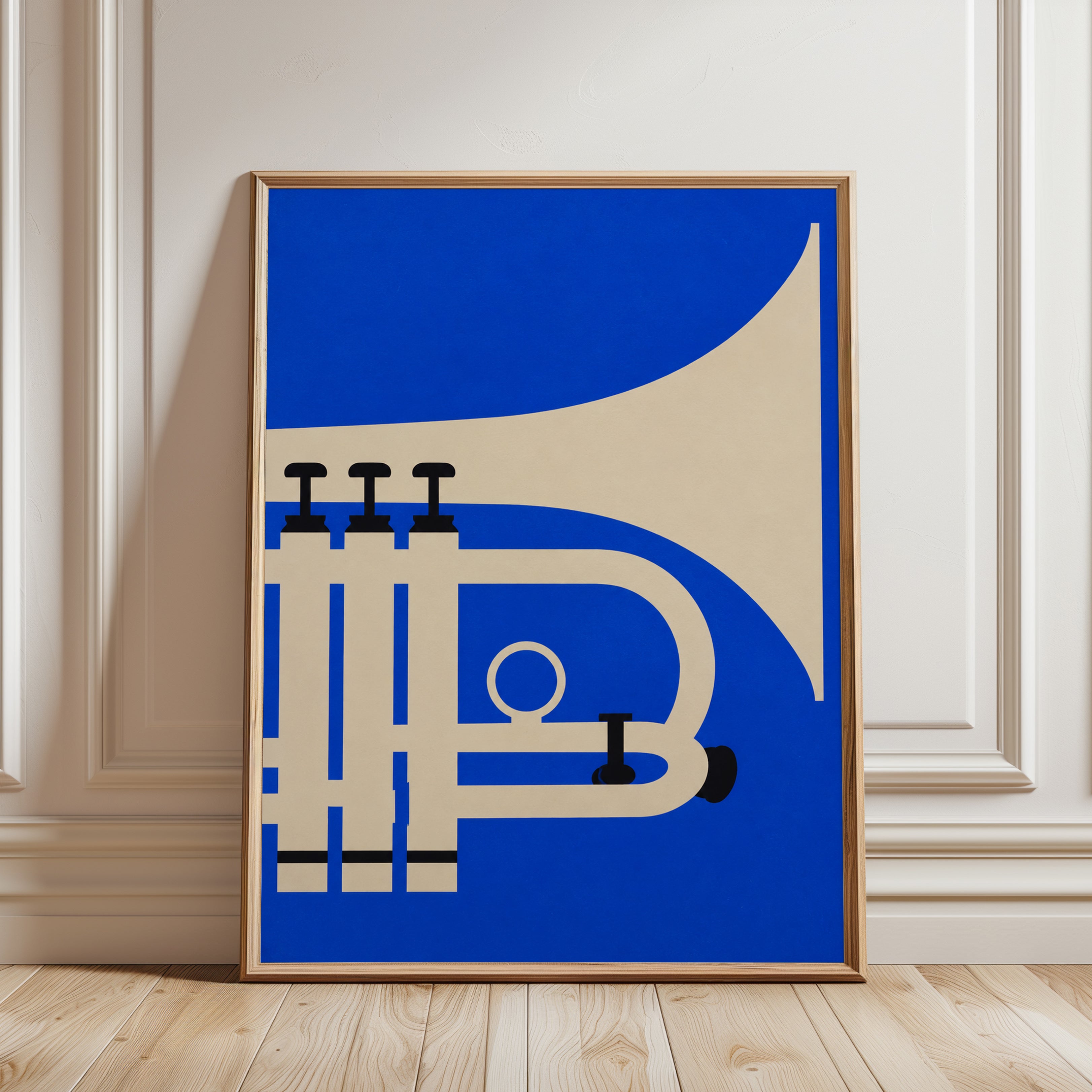 Jazz Trumpet Illustration — Bold Geometric Blue & Beige - framed detail