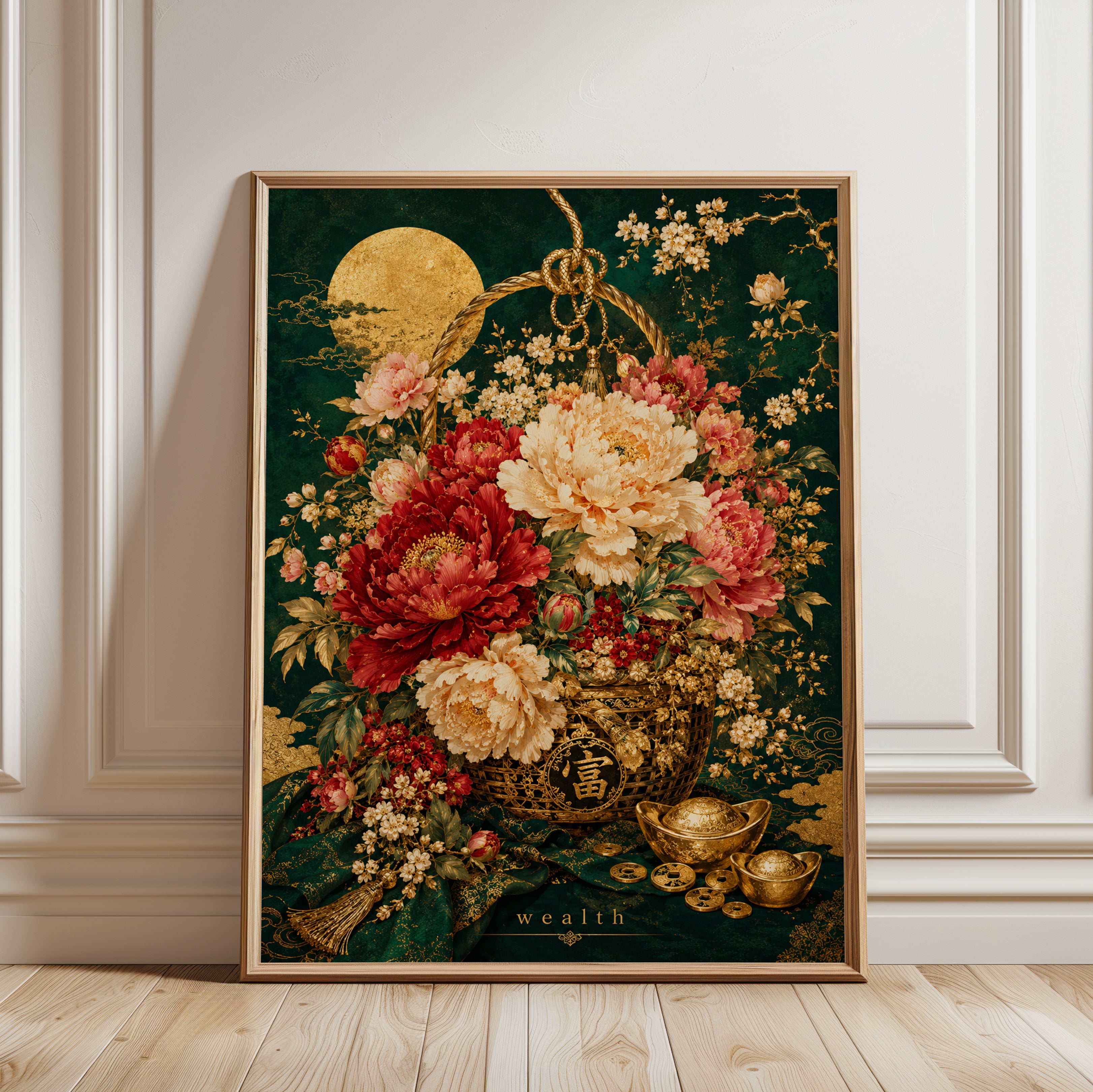 Chinese Floral Wall Art – Peony Print - framed detail