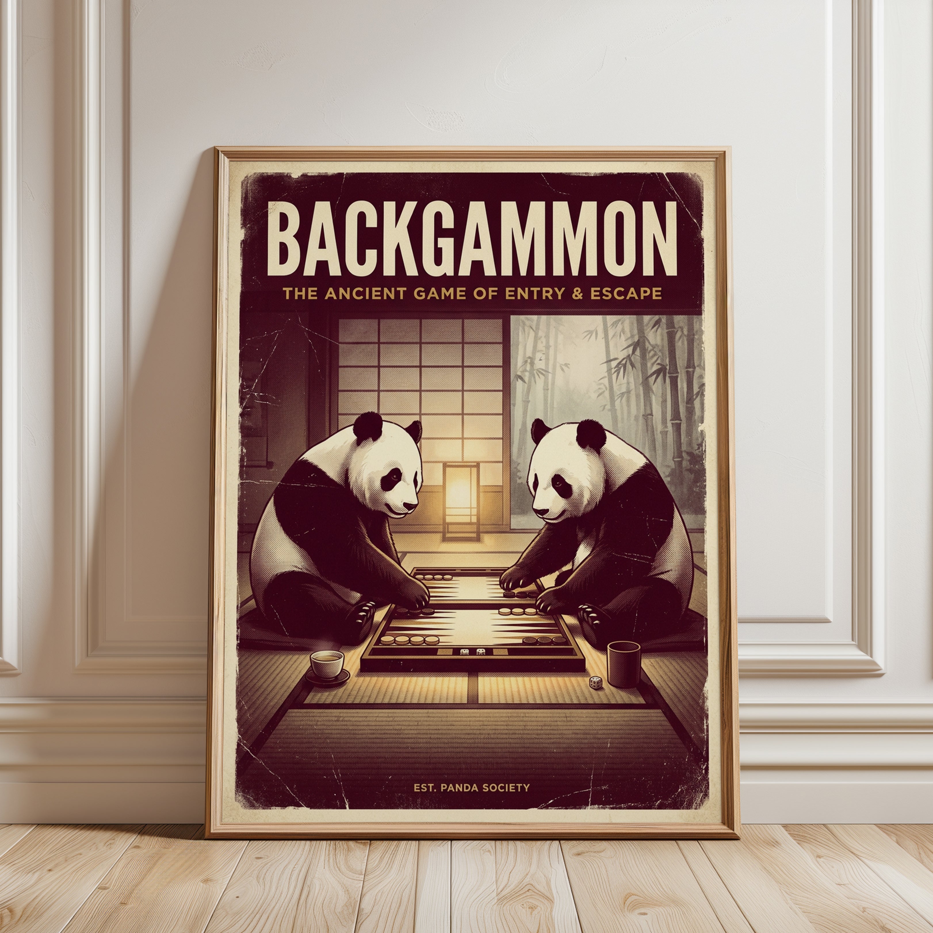 Backgammon Pandas Print: Vintage Japanese Game Room Poster - framed detail