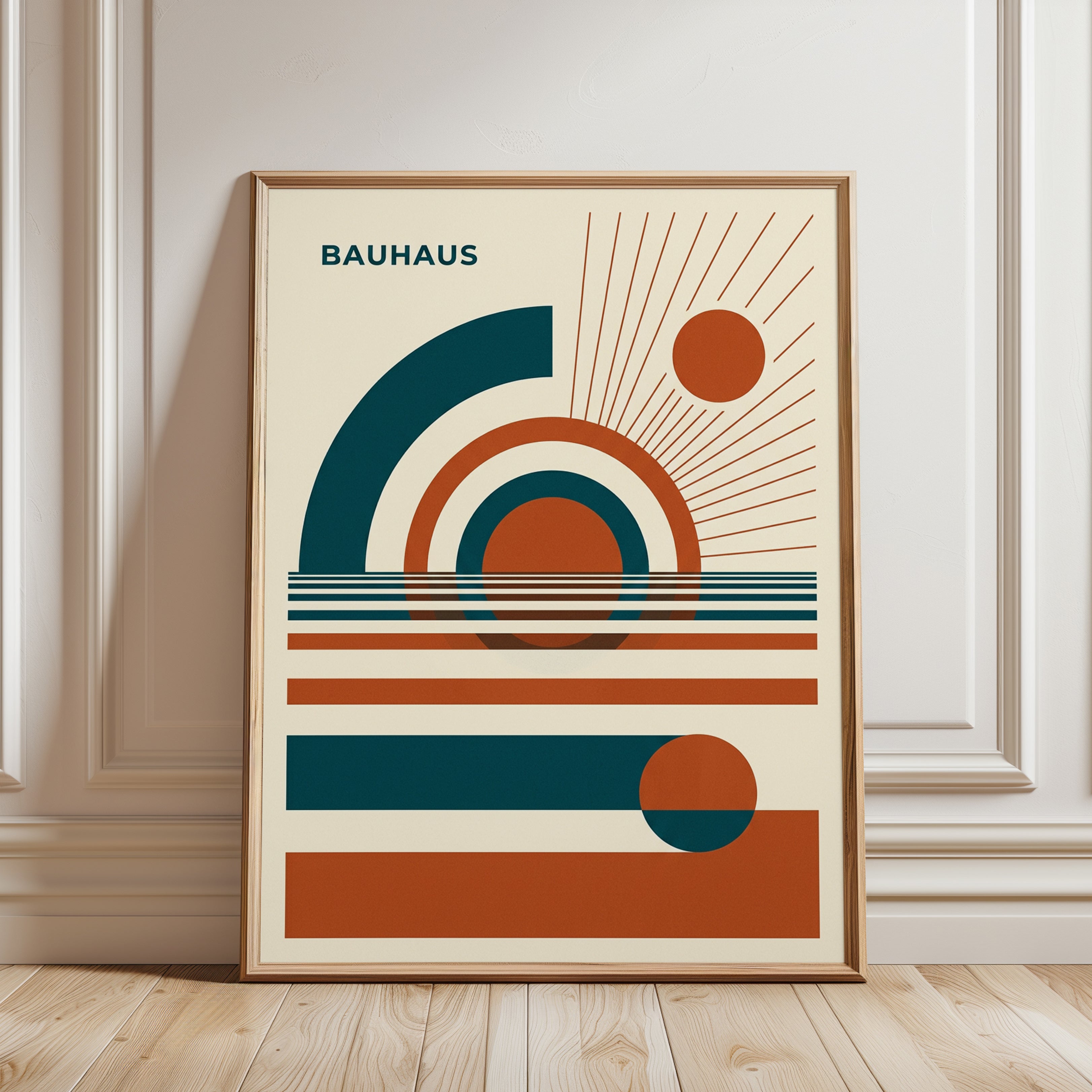 Bauhaus Geometric Art Print: Teal and Orange Modernist Design - framed detail
