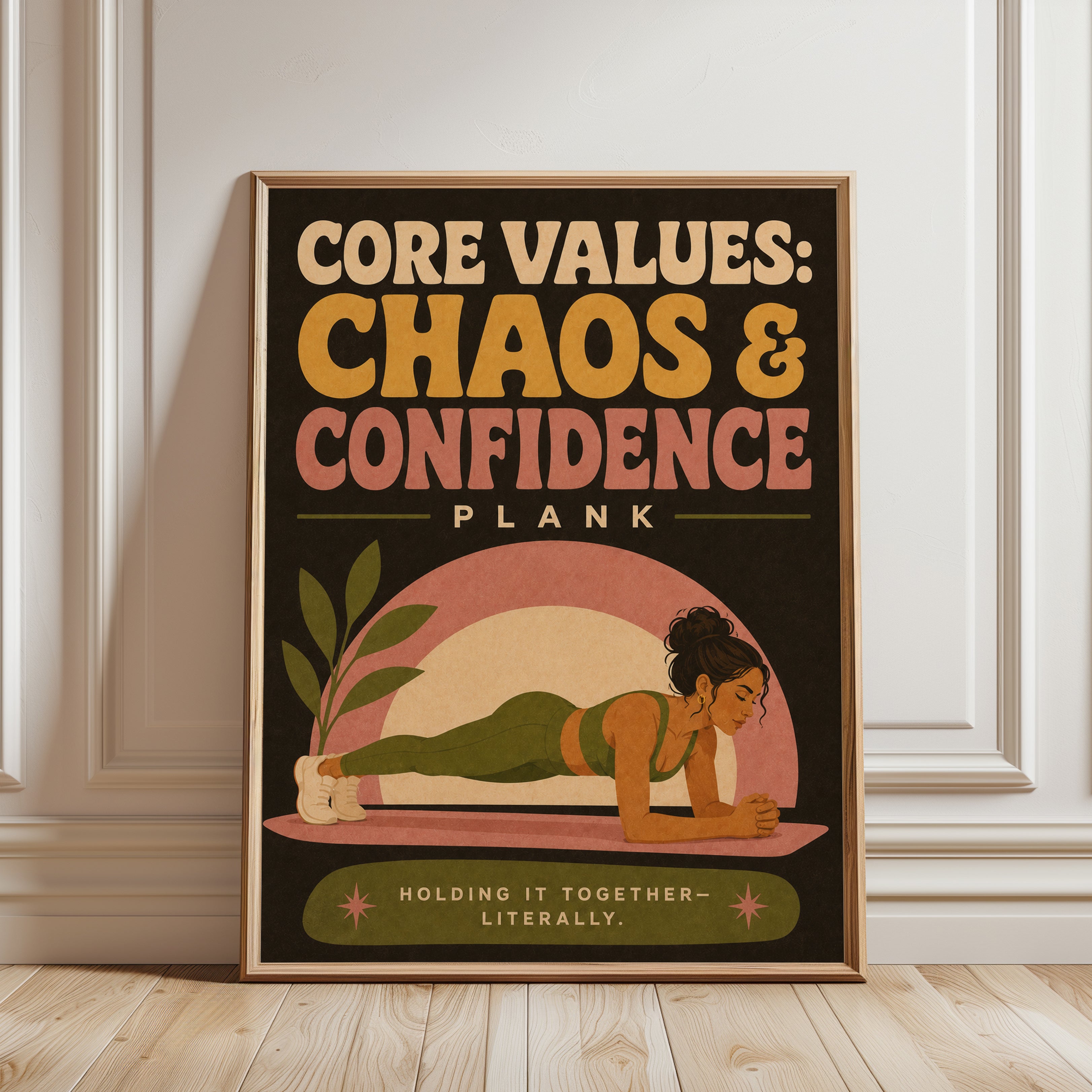 Yoga Plank Pose Art Print: Retro Motivational Fitness Poster - framed detail