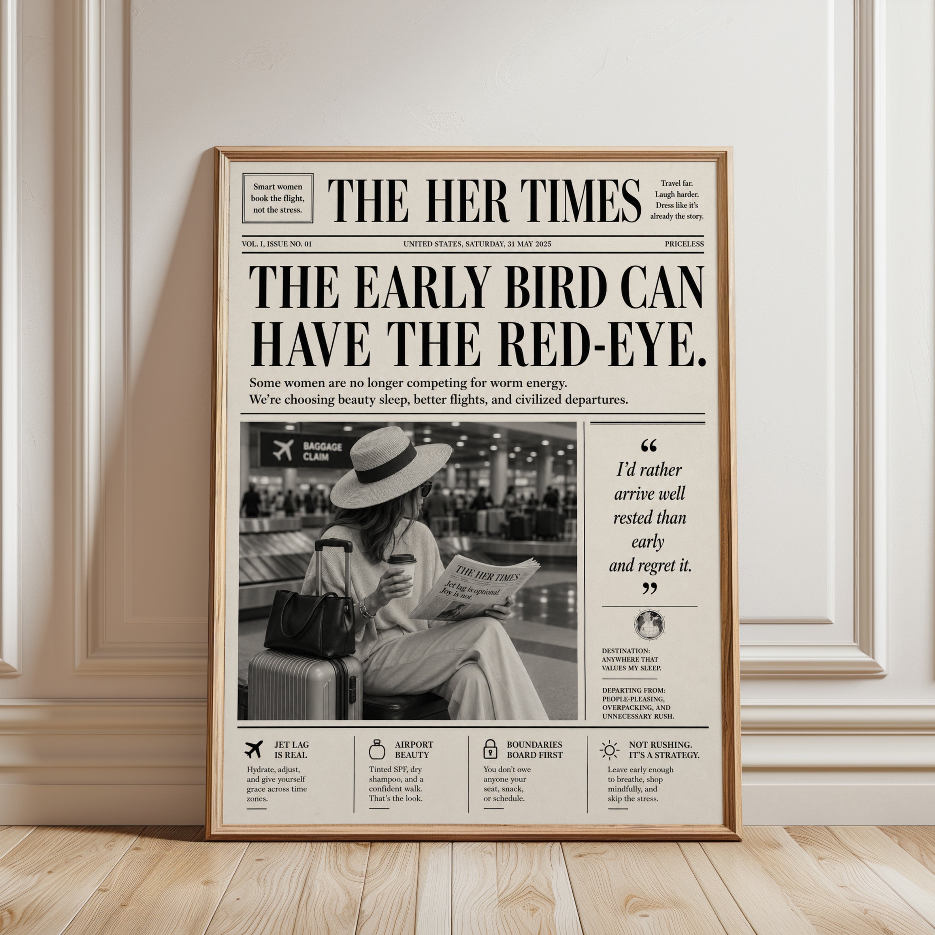Empowering Feminist Wall Art Print: Newspaper Style Travel Quote - framed detail