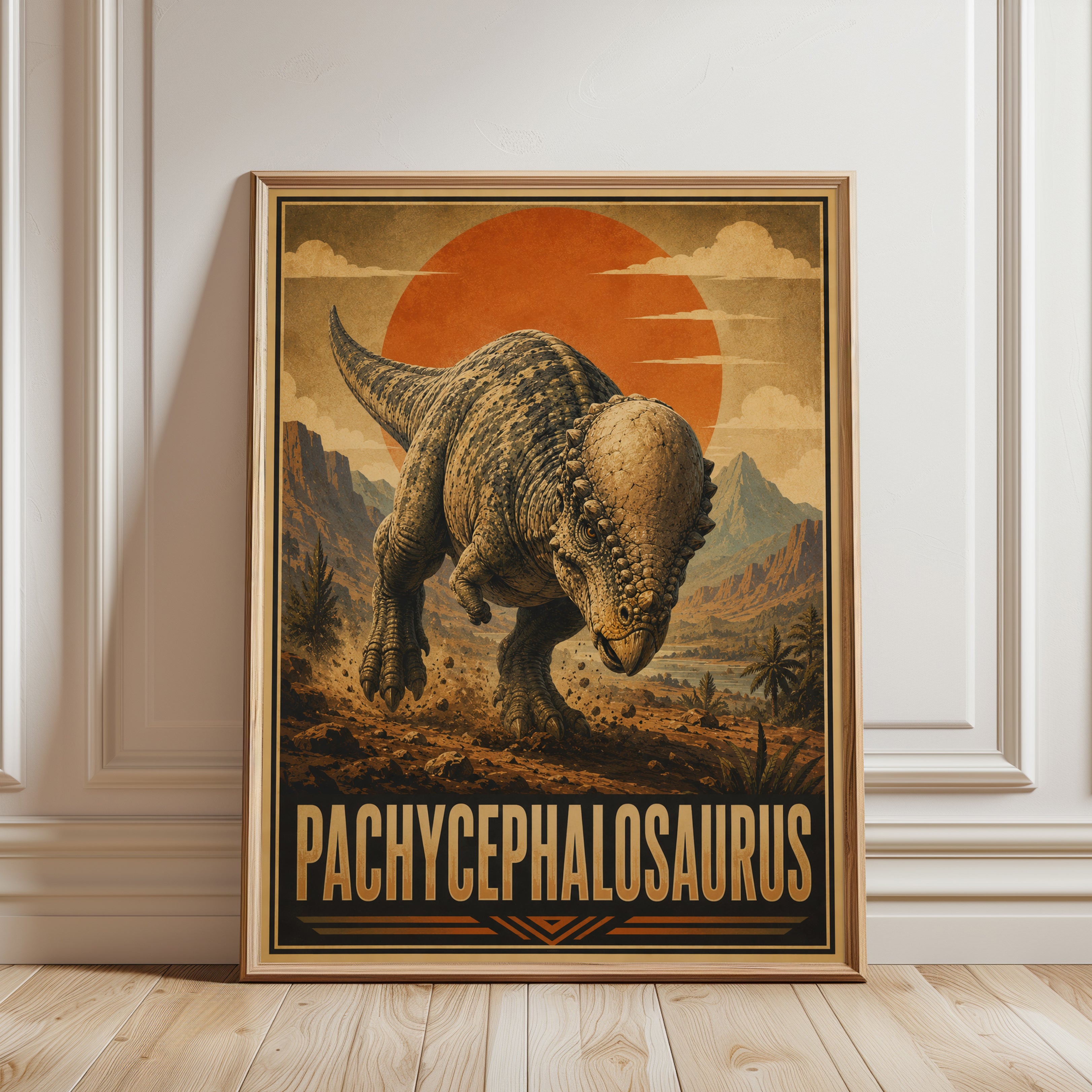 Pachycephalosaurus Dinosaur Poster: Vintage Desert Sunset Art Print - framed detail