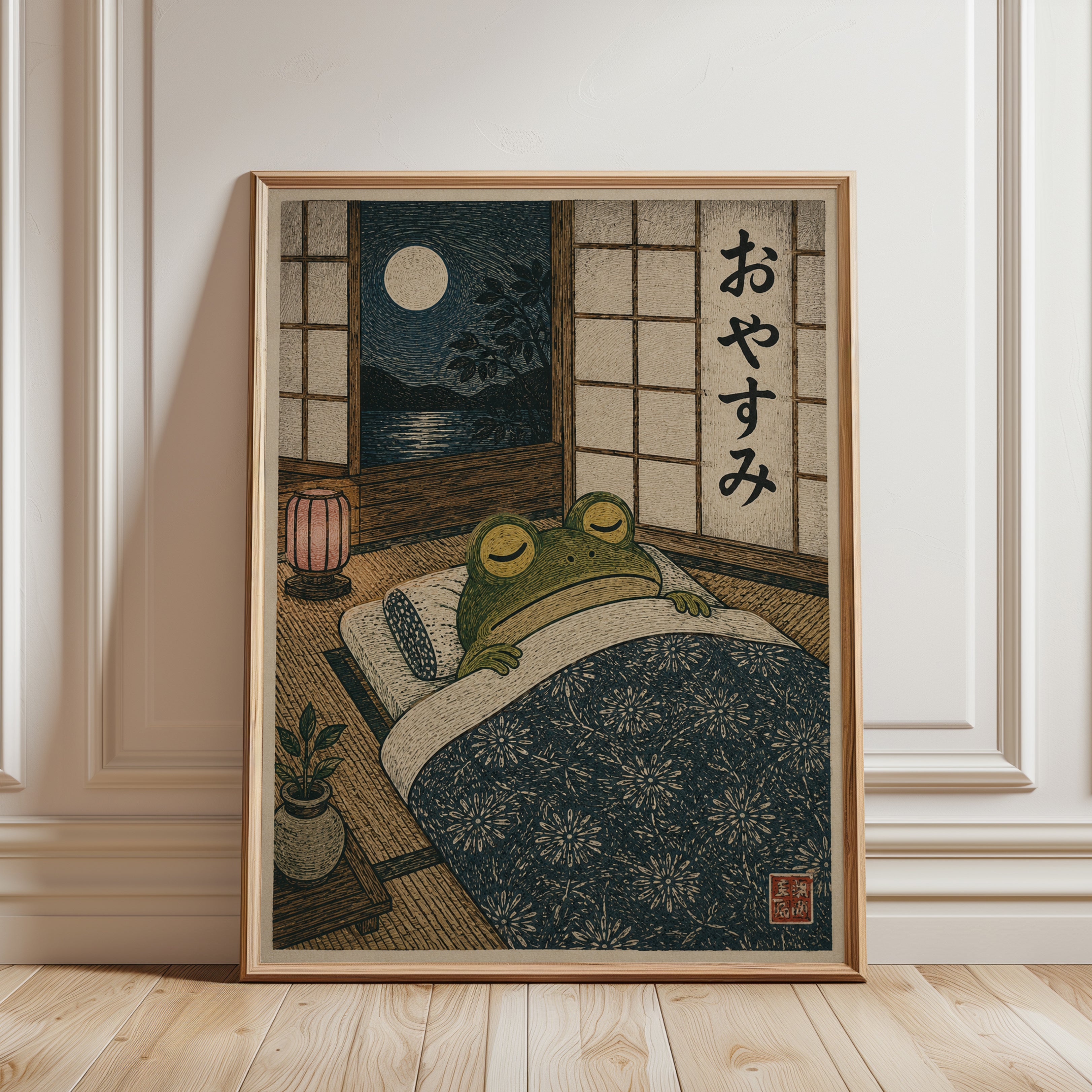 Japanese Frog Bedroom Art – Moonlight Room Print - framed detail