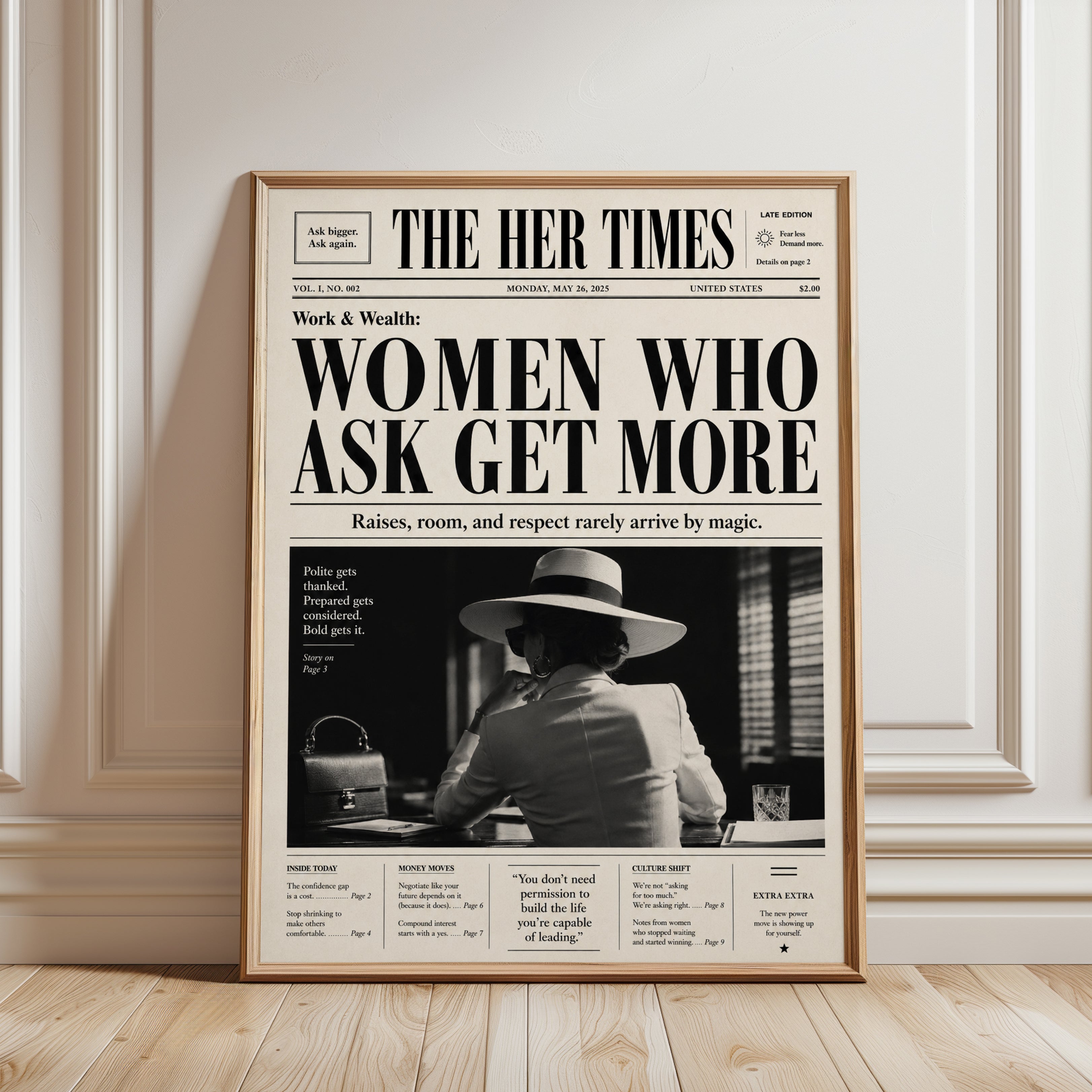 Feminist Newspaper Print: Bold Empowerment Typography Art - framed detail