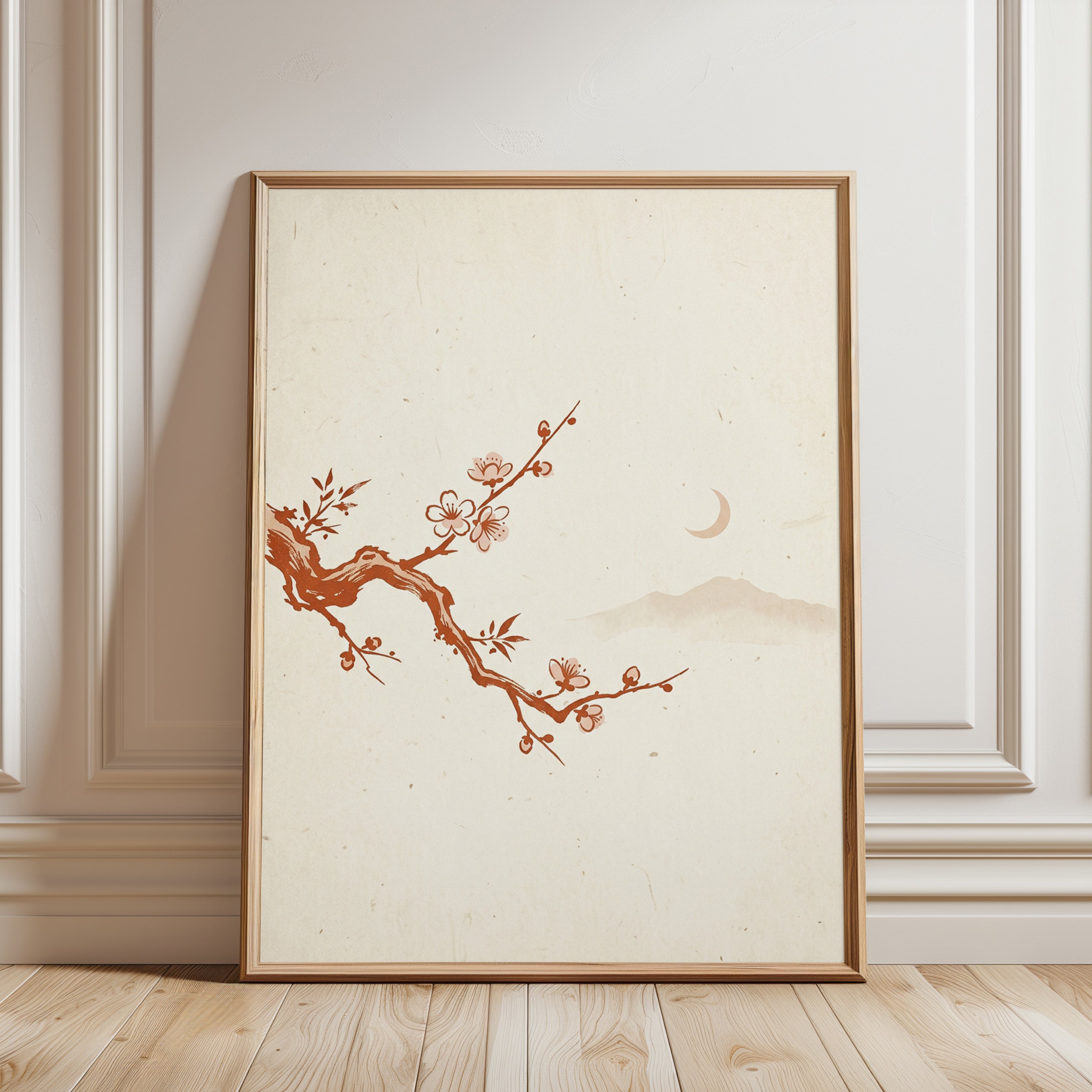 Cherry Blossom Branch Art Print: Japanese Minimalist Design - framed detail