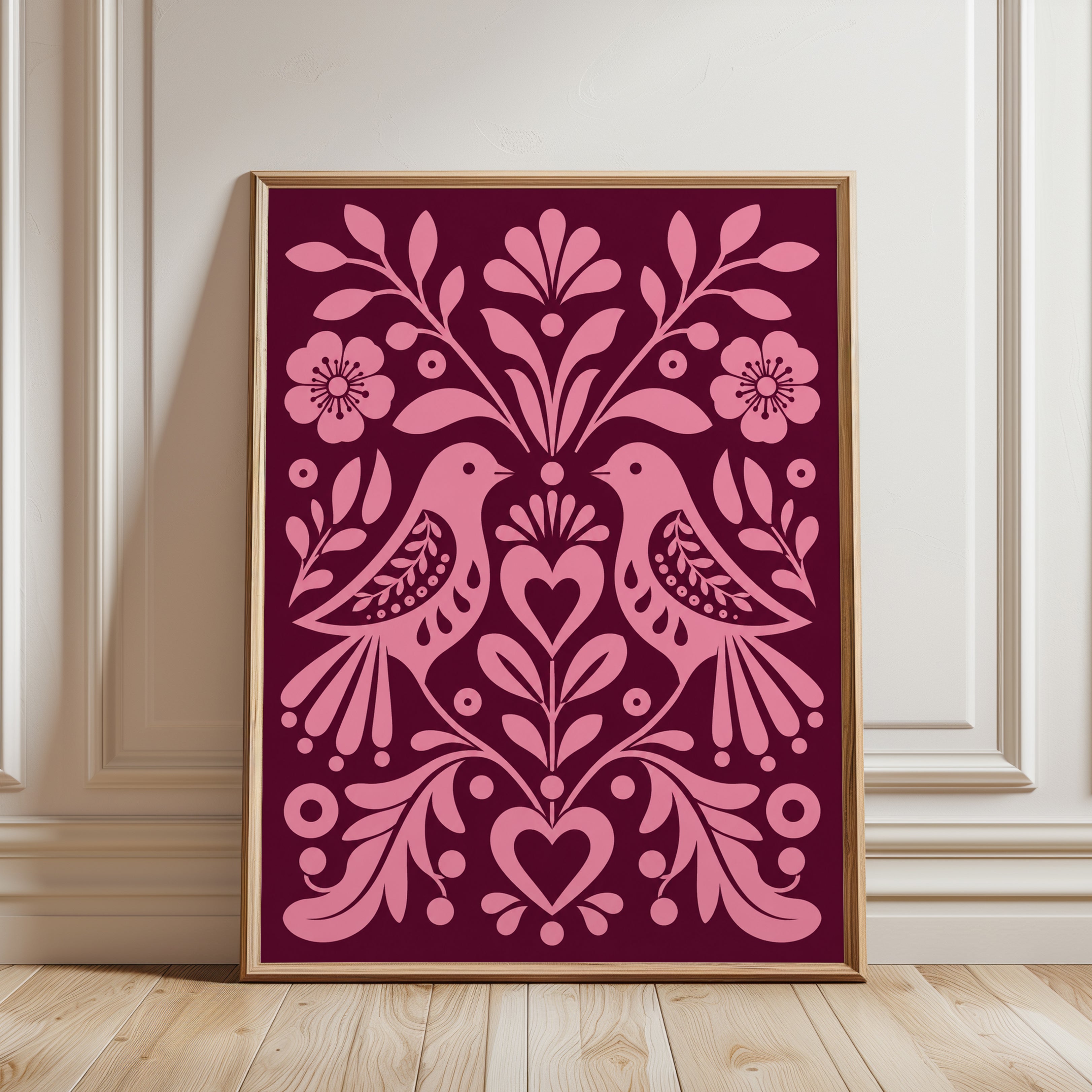 Folk Art Bird Print – Pink Burgundy Wall Art - framed detail