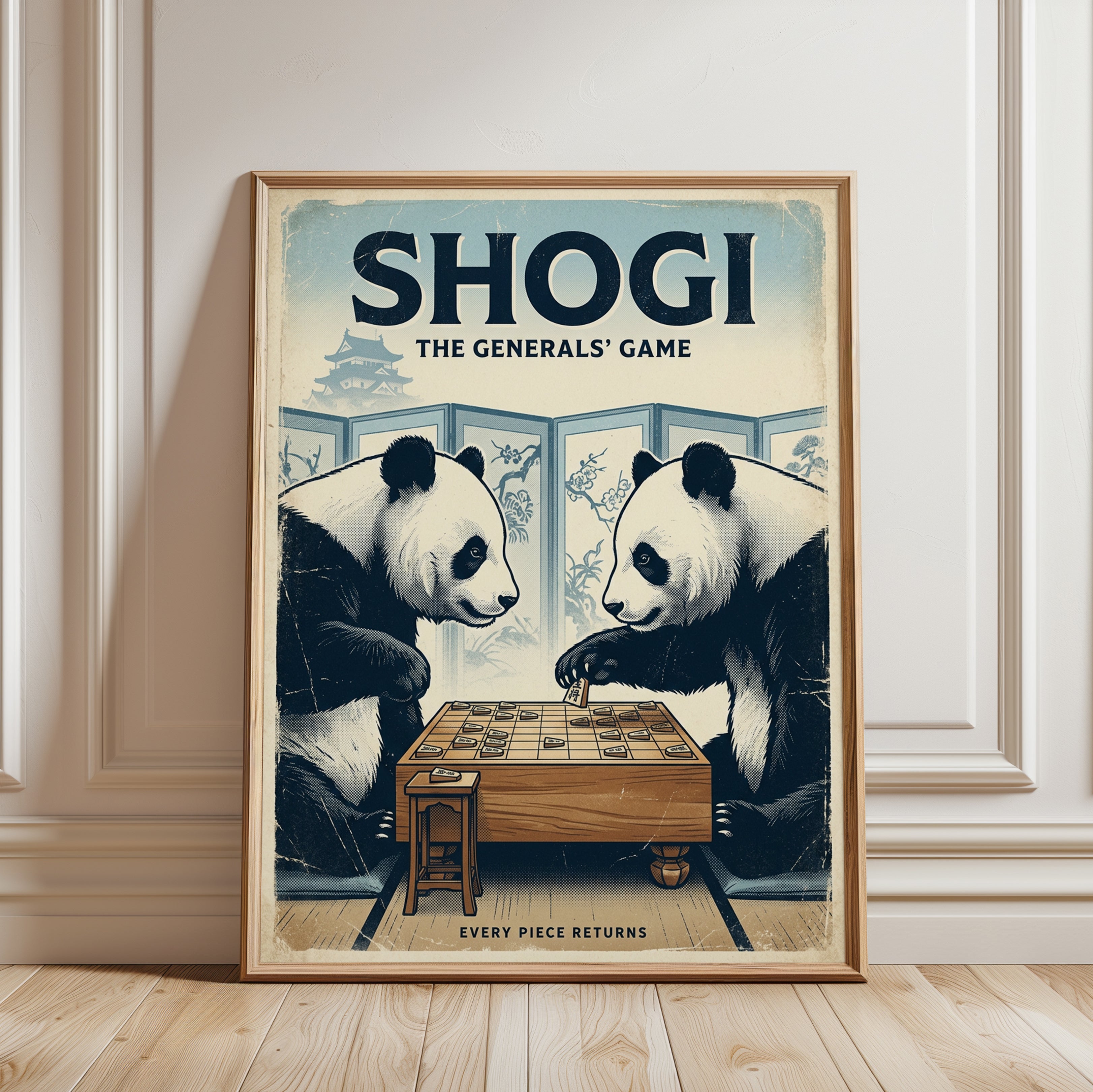 Shogi Pandas Art Print: Vintage Japanese Board Game Poster - framed detail