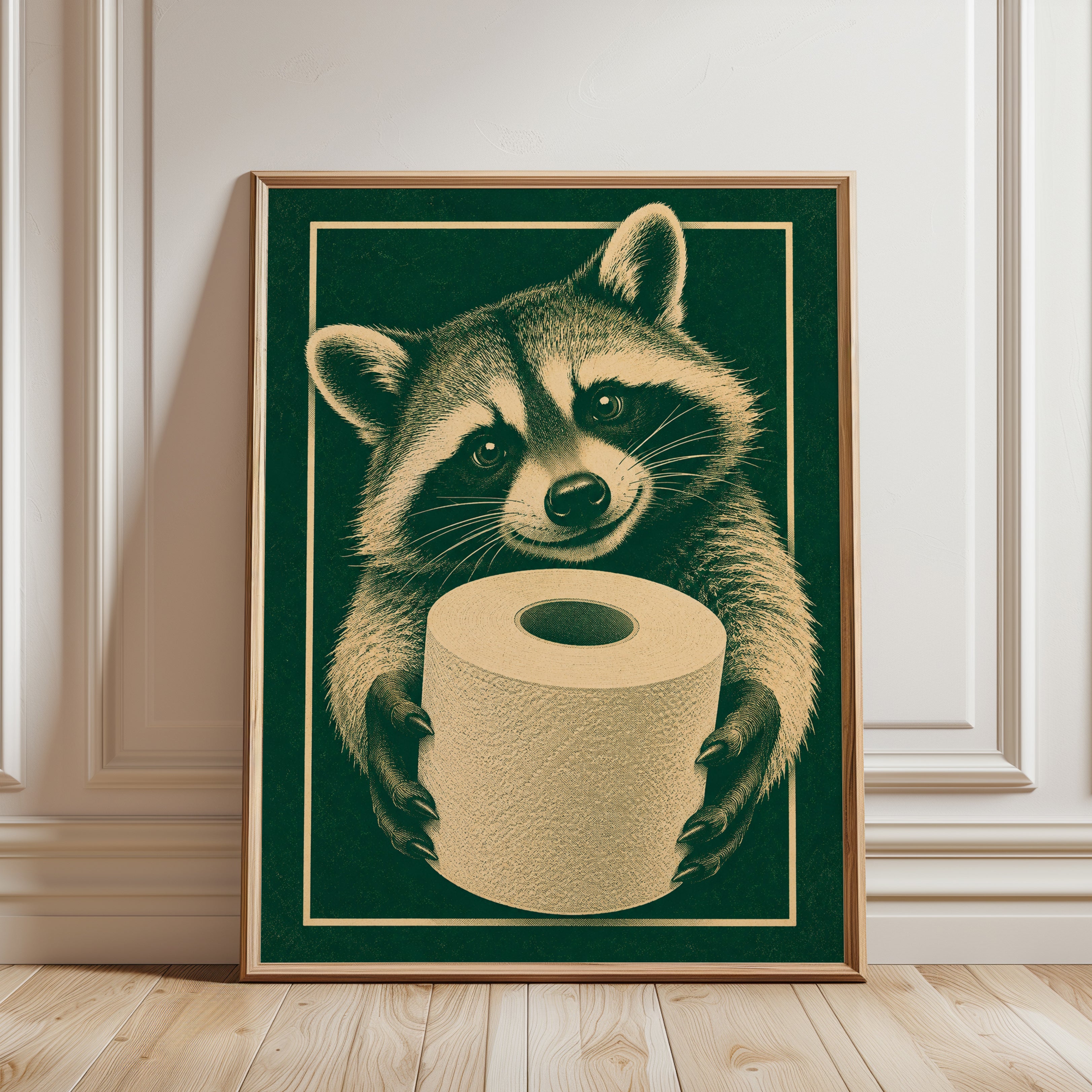 Raccoon Vintage Print: Retro Bathroom Art in Green and Cream - framed detail