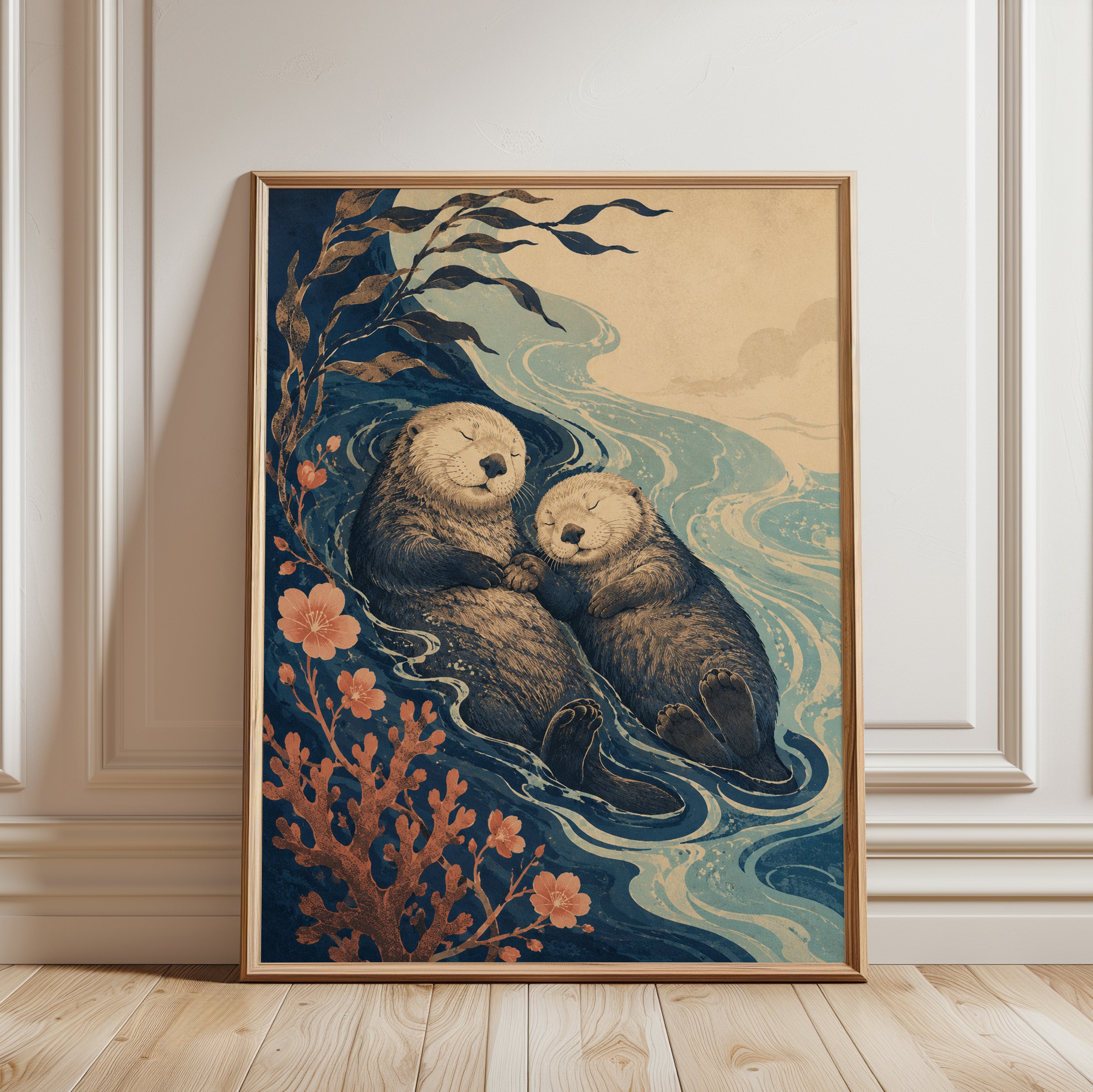 Sea Otter Art Print — Japanese Wave Style - framed detail