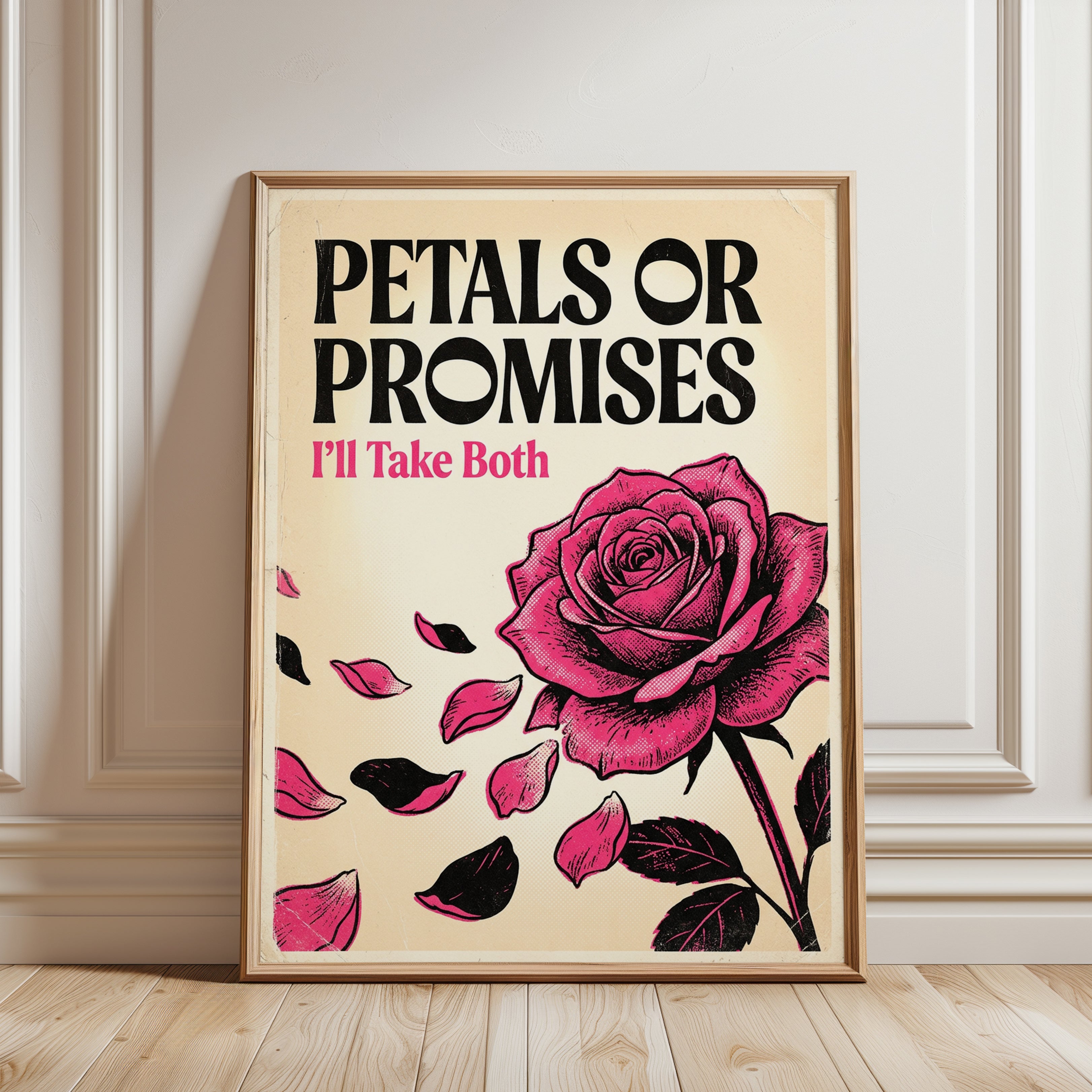 Petals Or Promises Poster: Vintage Pink Rose Typography Art - framed detail