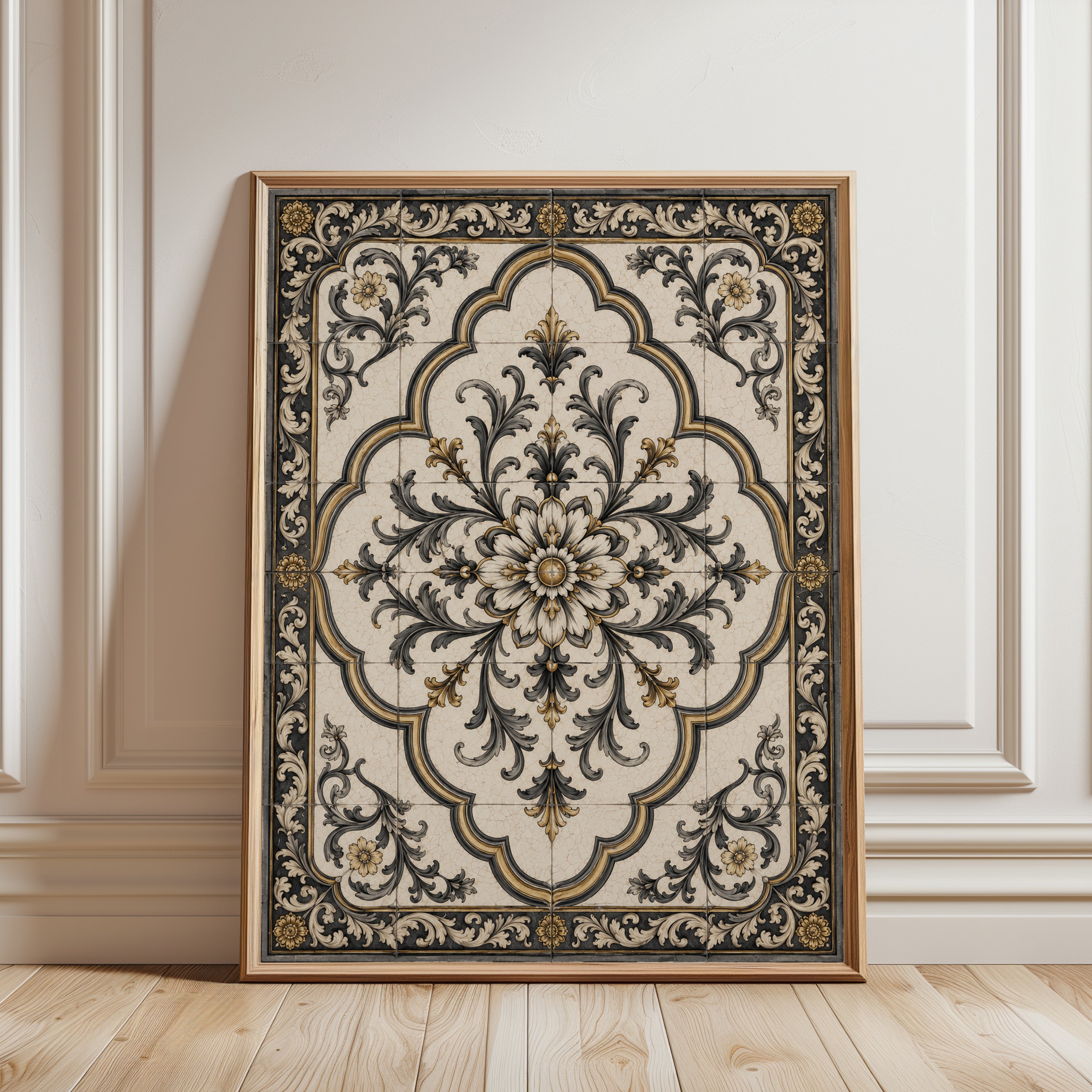 Baroque Floral Medallion Art Print: Ornate Black and Gold Design - framed detail