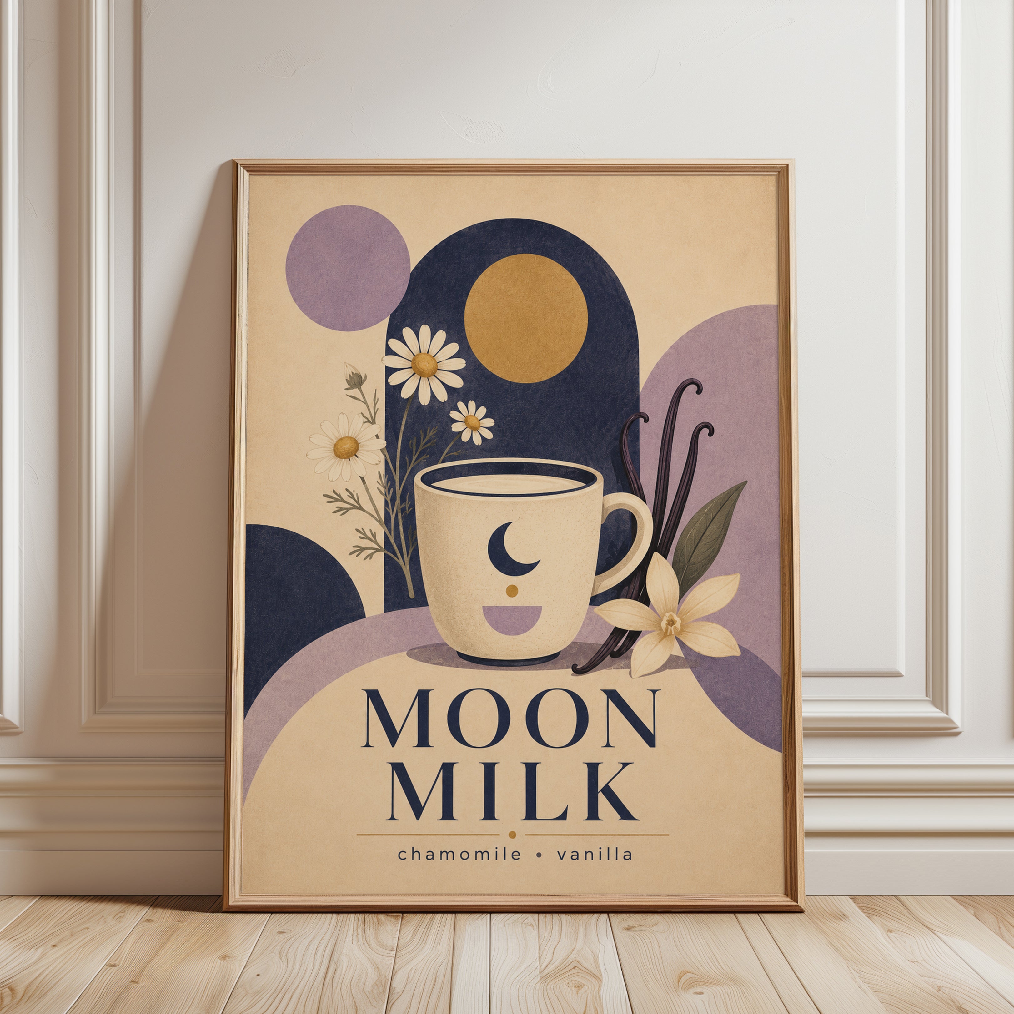 Moon Milk Tea Poster: Art Deco Botanical Chamomile Design - framed detail