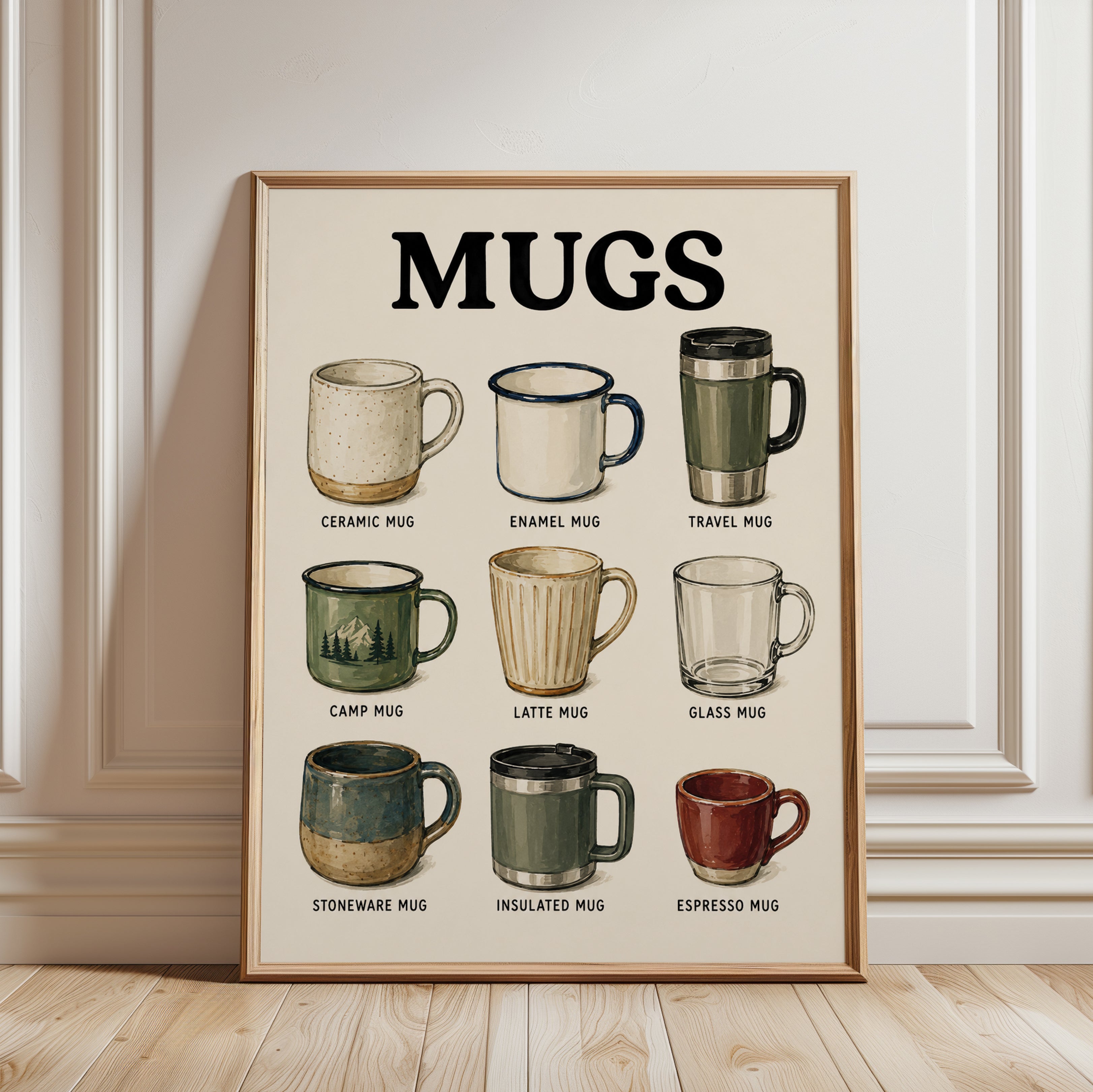 Coffee Mug Types Print — Educational Chart Illustration - framed detail
