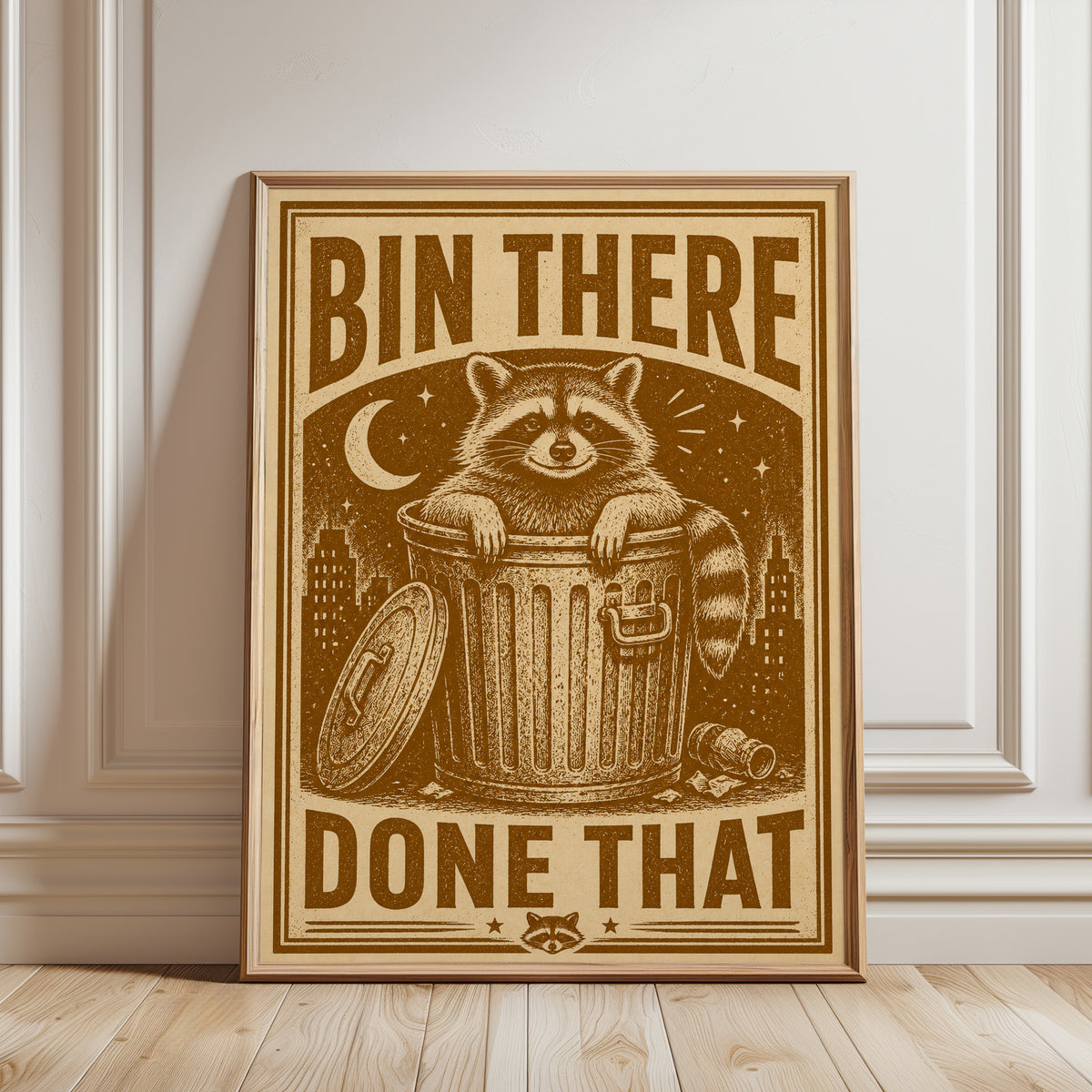 Raccoon Trash Can Poster: Vintage Propaganda Style - framed detail