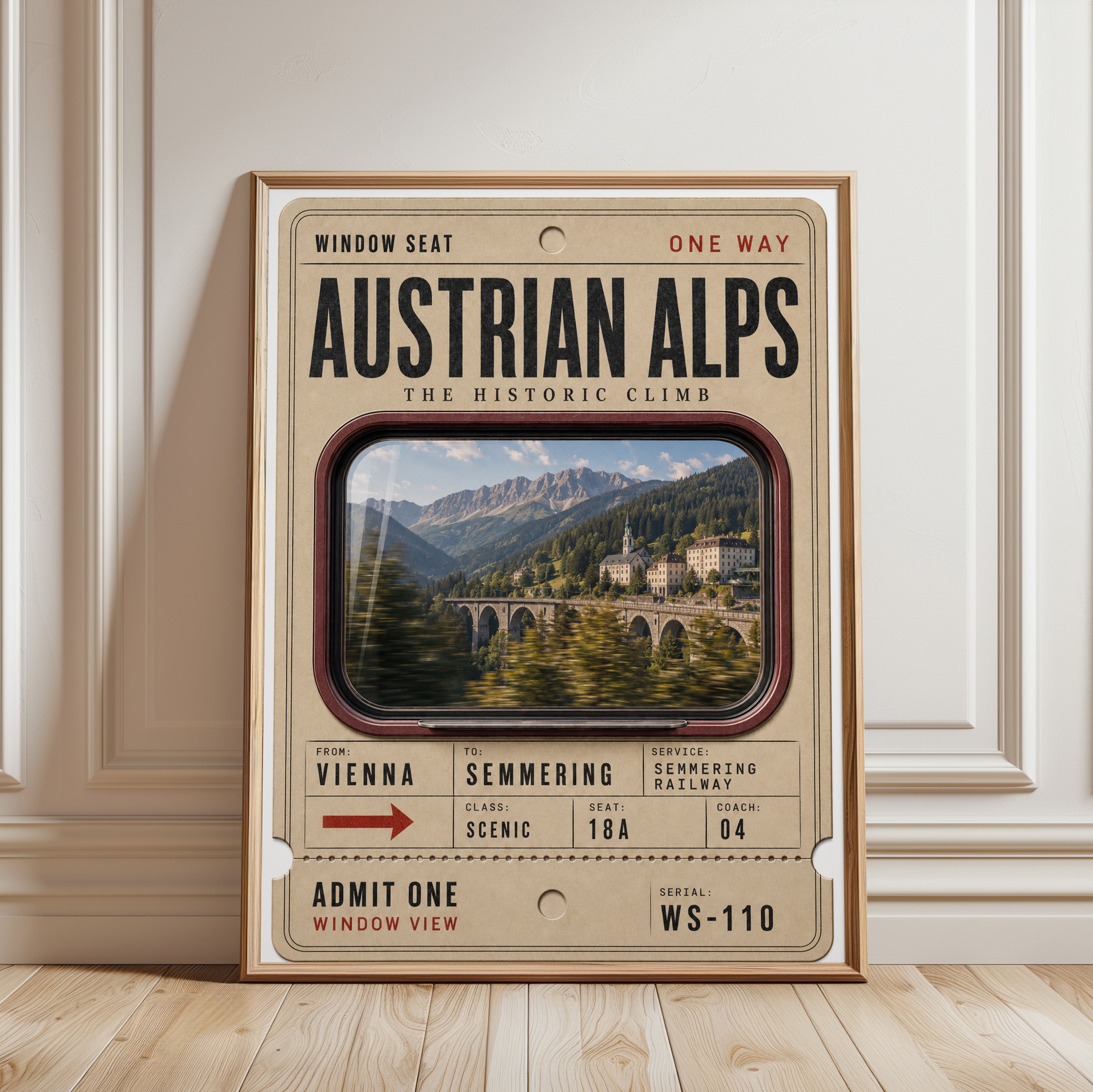 Vintage Train Ticket Poster – Austrian Alps Print - framed detail