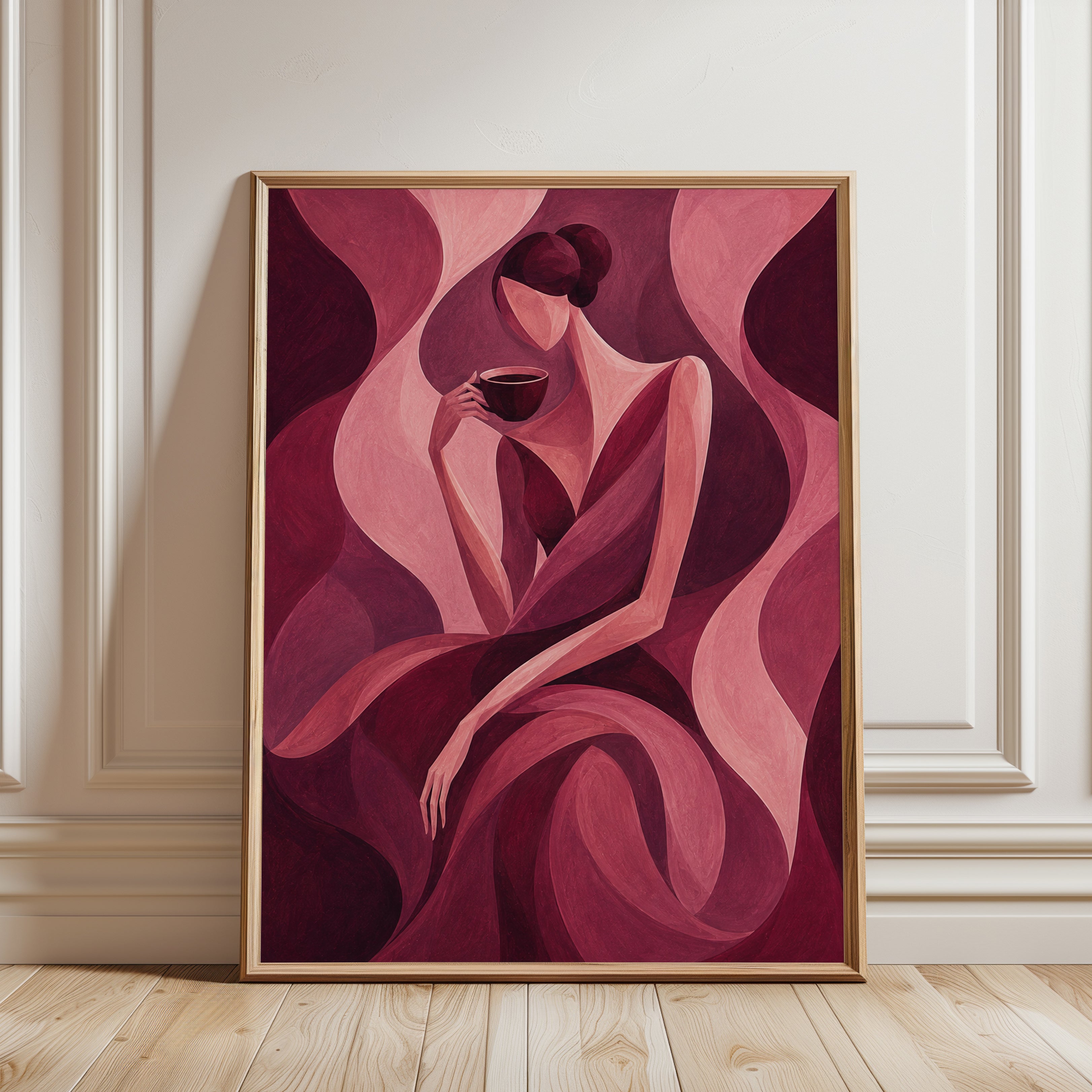 Cubist Woman With Coffee Cup Art Print: Pink Burgundy Abstract - framed detail
