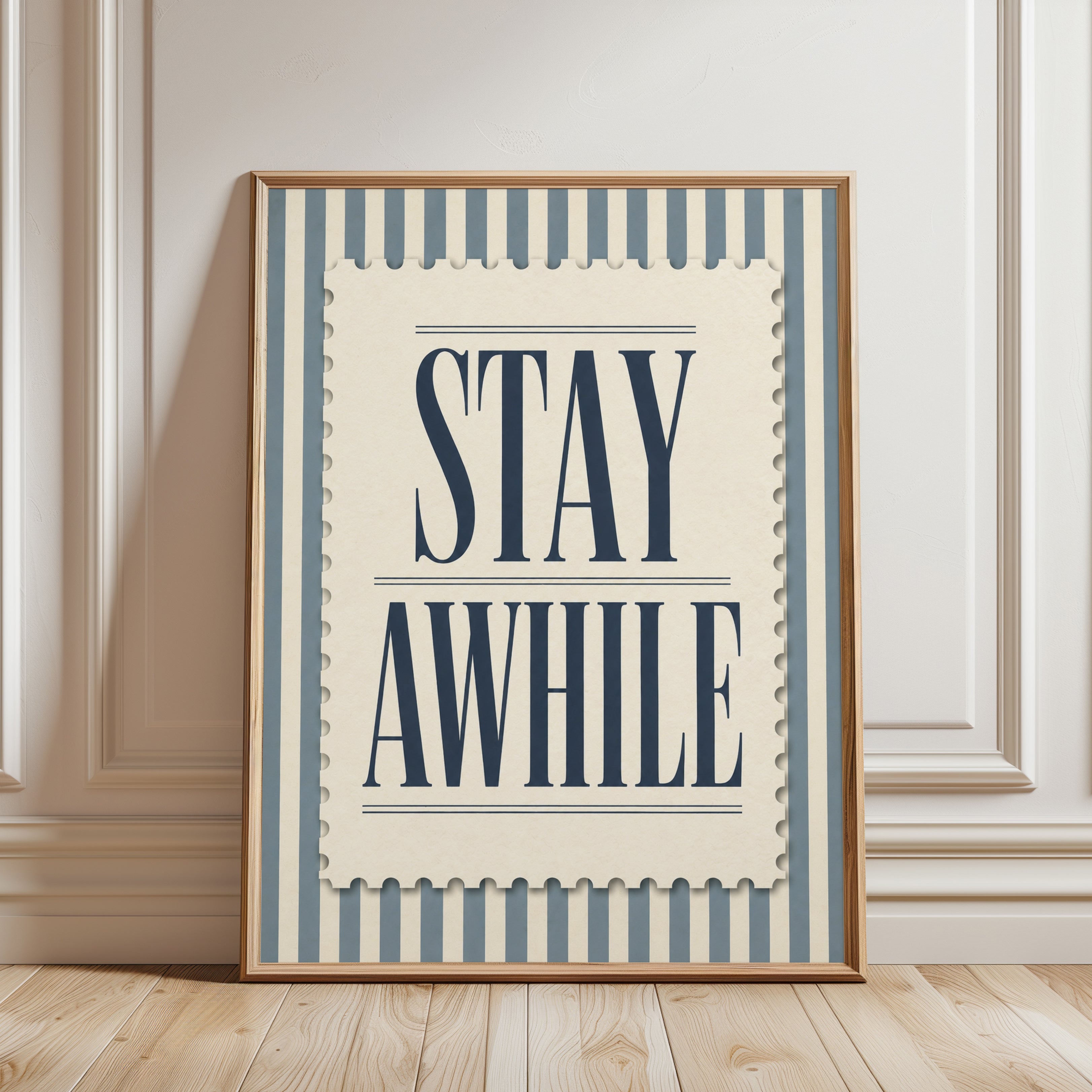 Stay Awhile Typography Poster: Vintage Blue Stripe Wall Art - framed detail