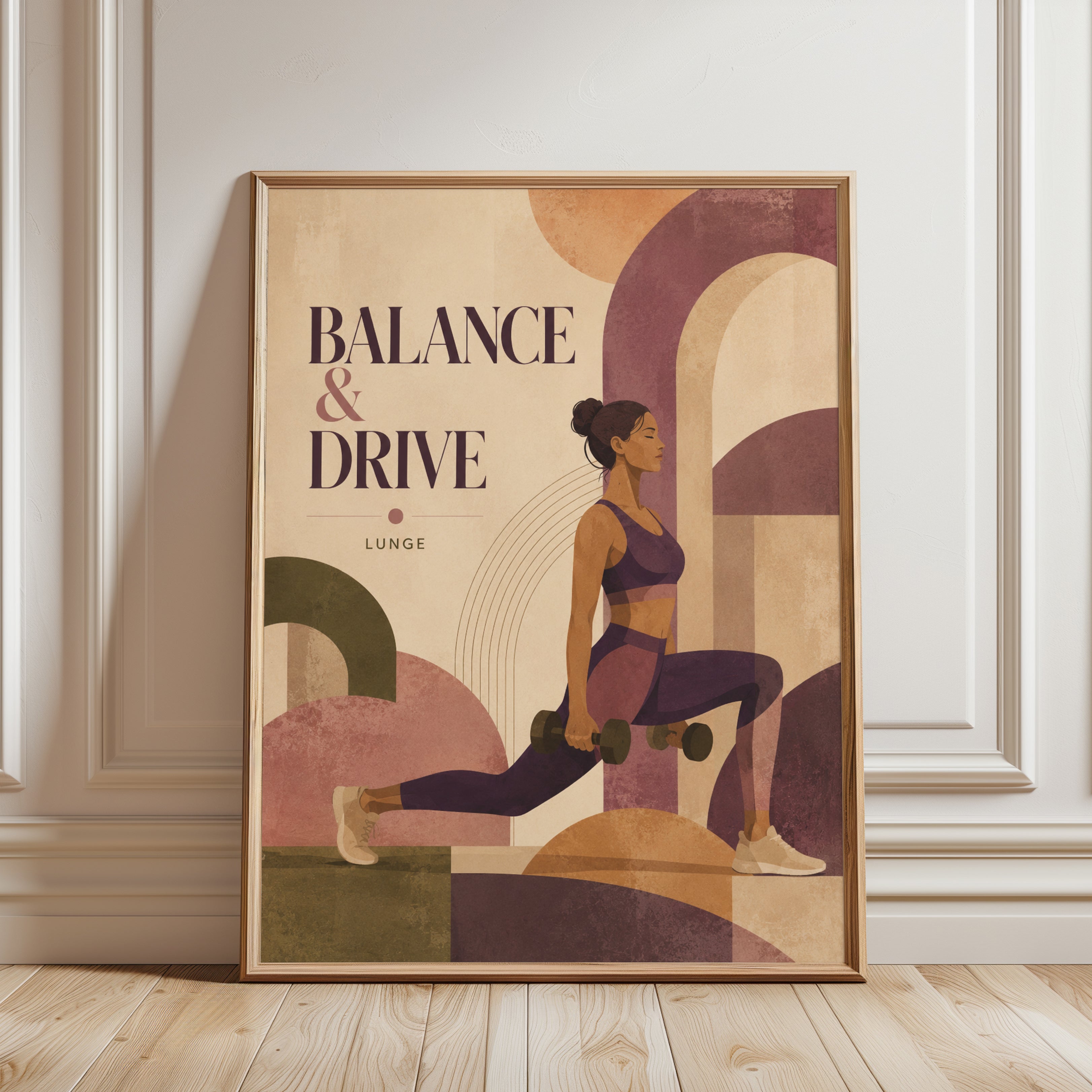 Fitness Lunge Exercise Poster: Art Deco Geometric Workout Print - framed detail
