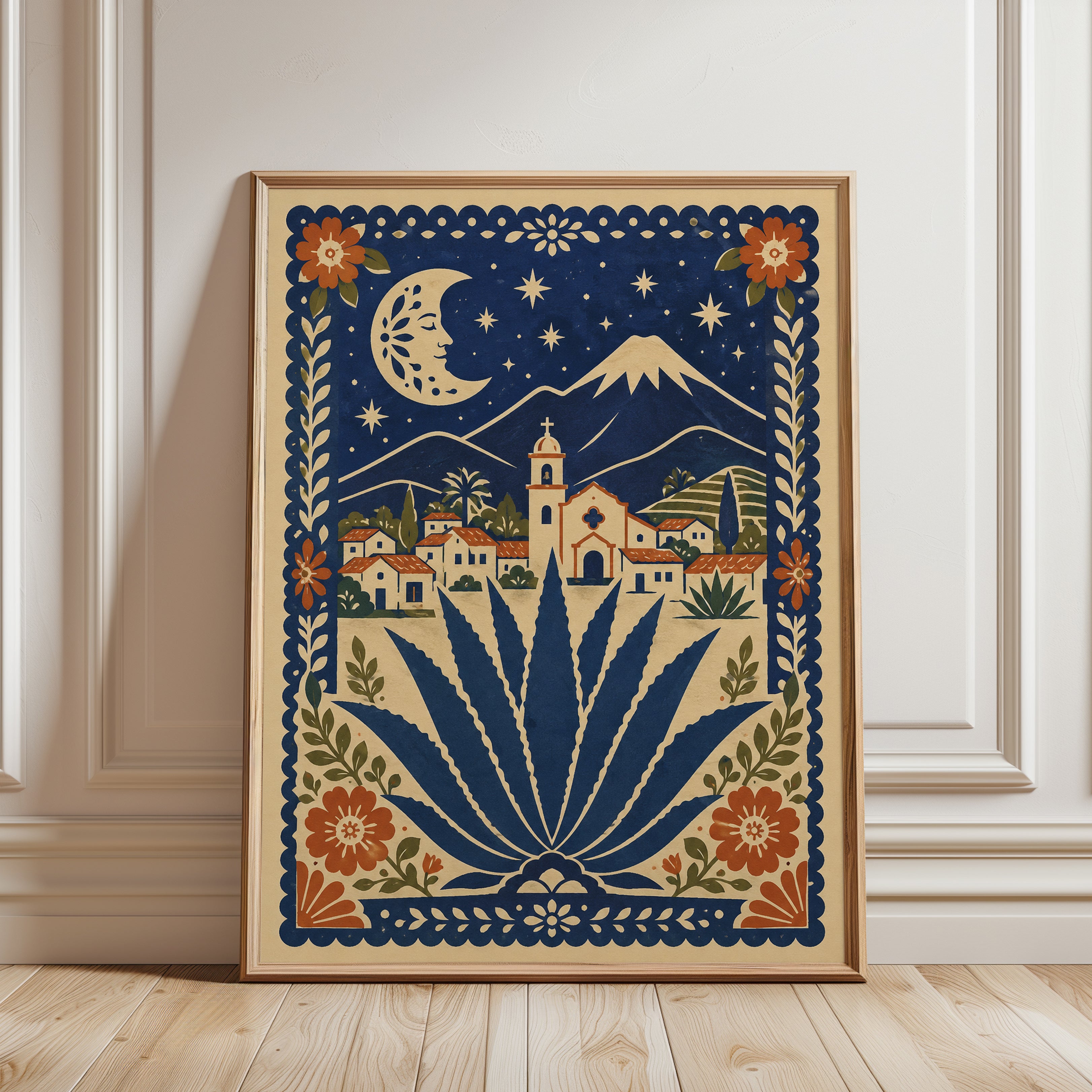 Mexican Village Wall Art – Folk Art Print - framed detail