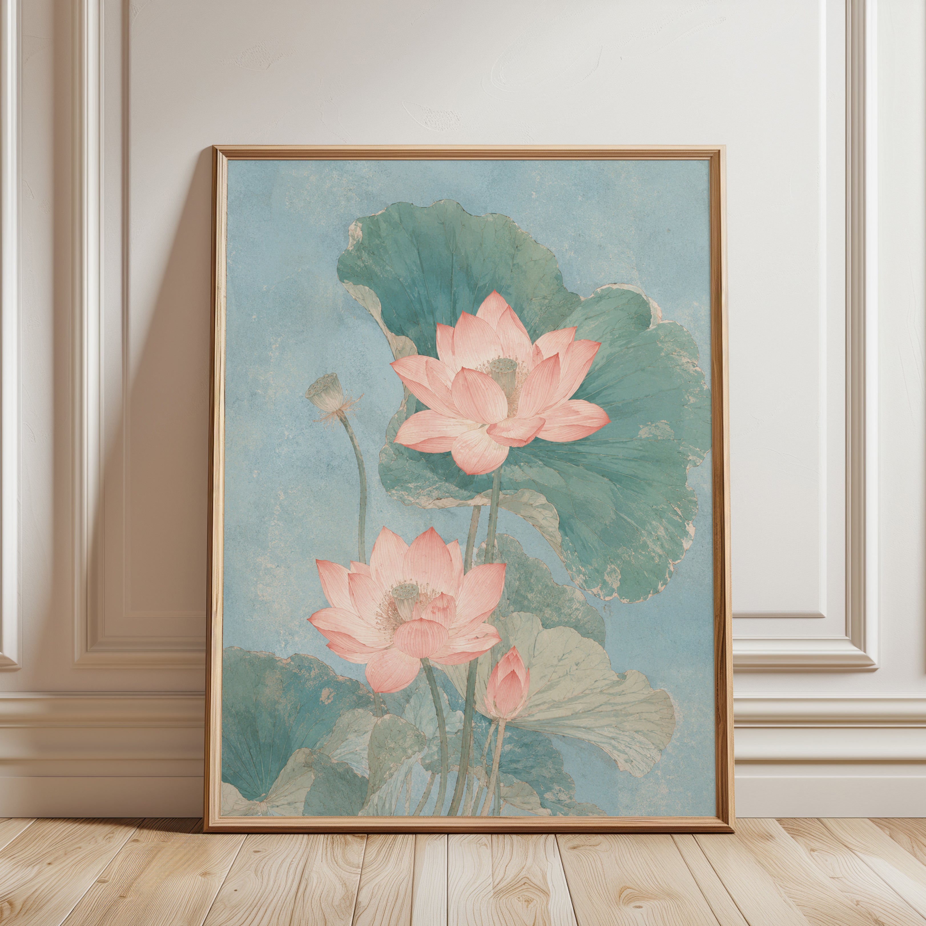 Pink Lotus Flowers Art Print: Vintage Botanical Watercolor - framed detail