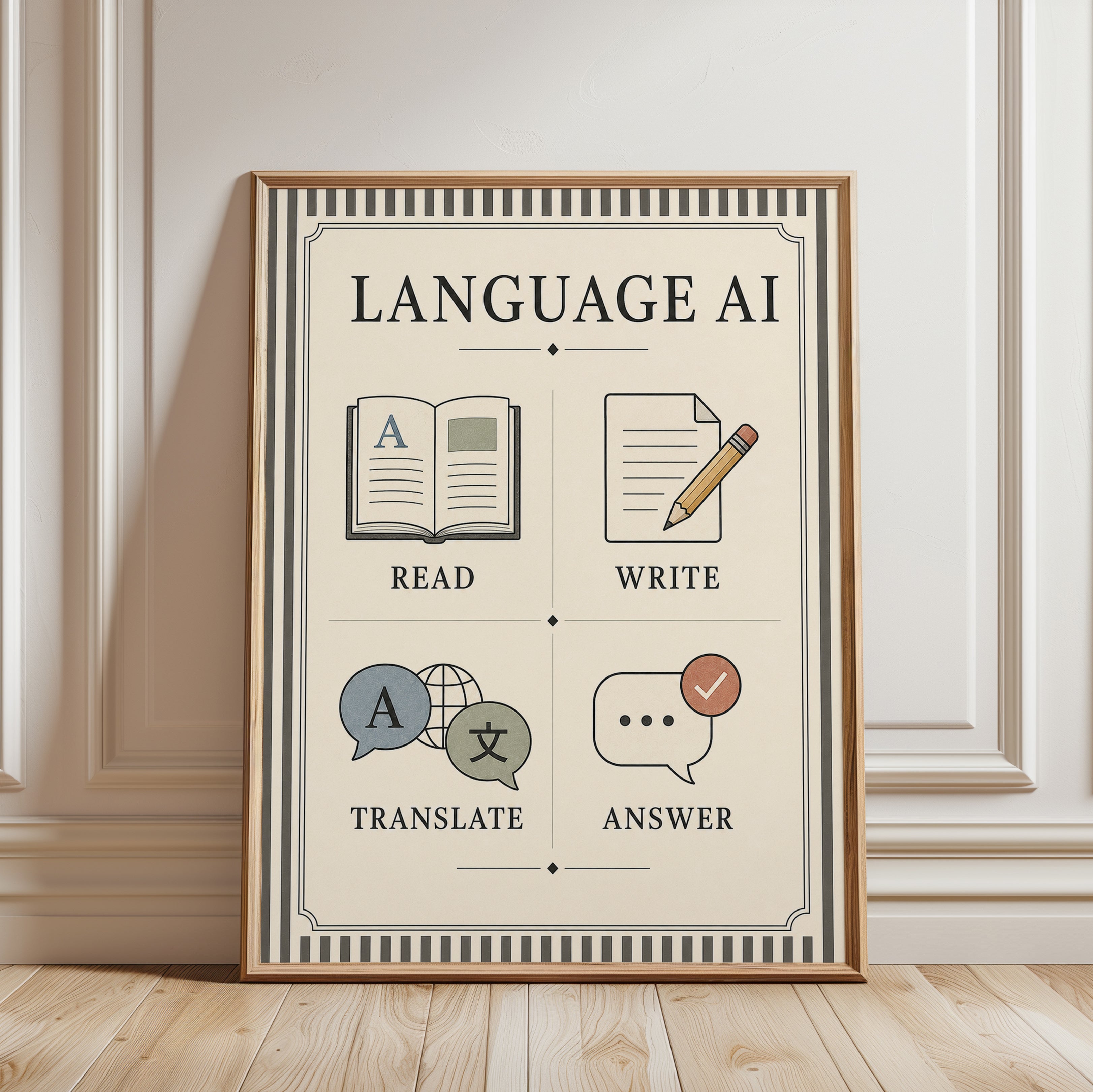 Language AI Poster: Vintage Instructional Diagram Wall Art - framed detail