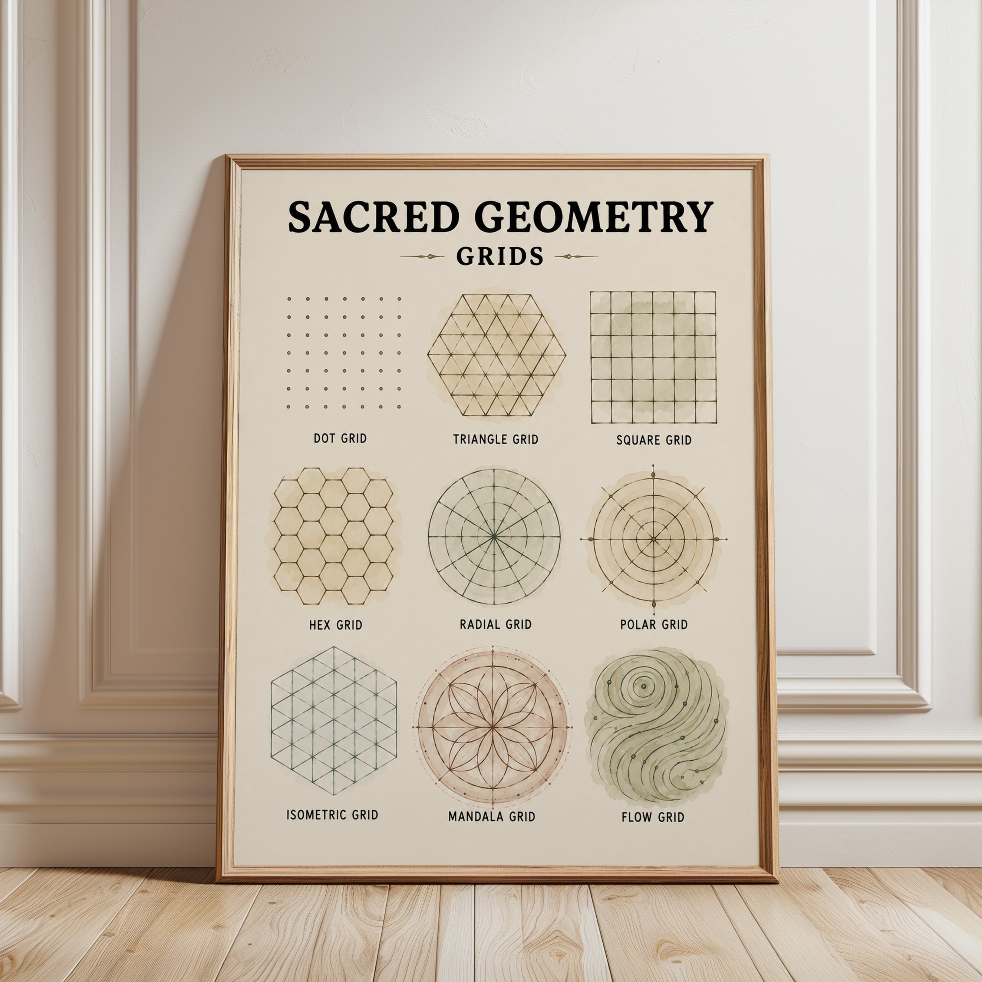 Sacred Geometry Print — Educational Grid Chart - framed detail